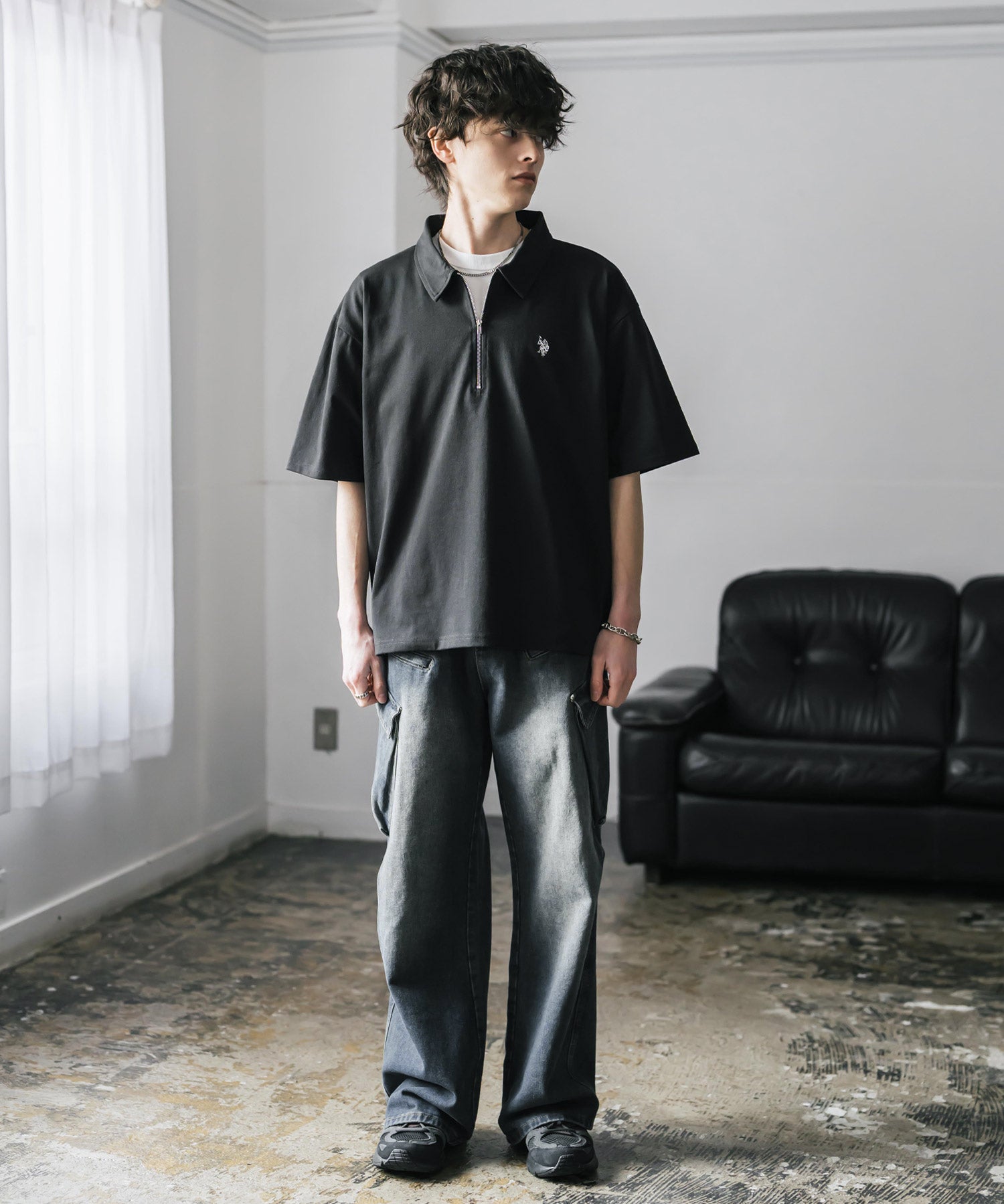 新色追加 U.S. POLO ASSN. 別注コラボオーバーサイズワンポイントロゴ刺繍天竺半袖ハーフジップポロシャツ 無地/クレリック 15426