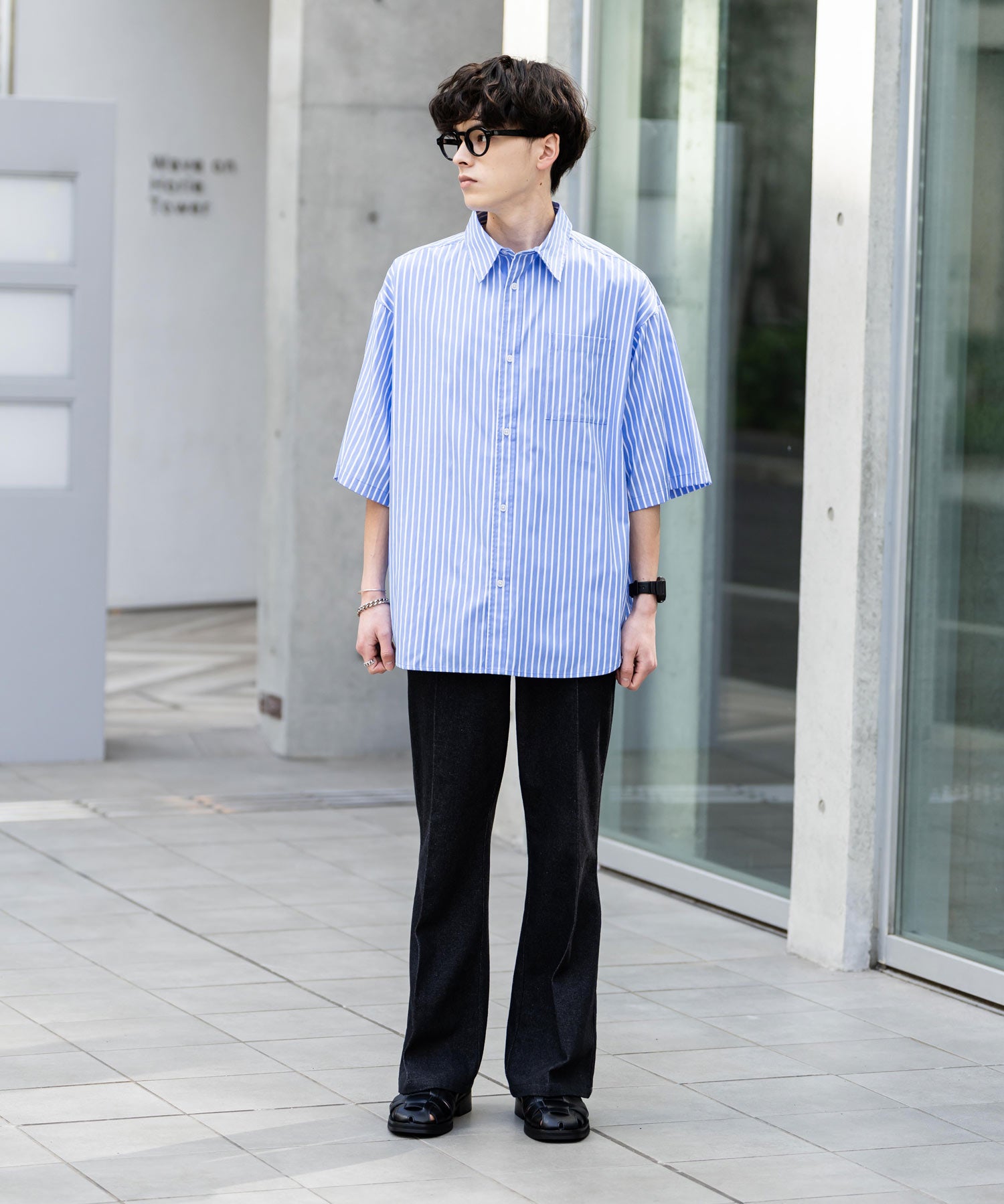 新色追加 オーバーサイズ 無地/チェック柄/ストライプ柄レギュラーカラー半袖シャツ 13977