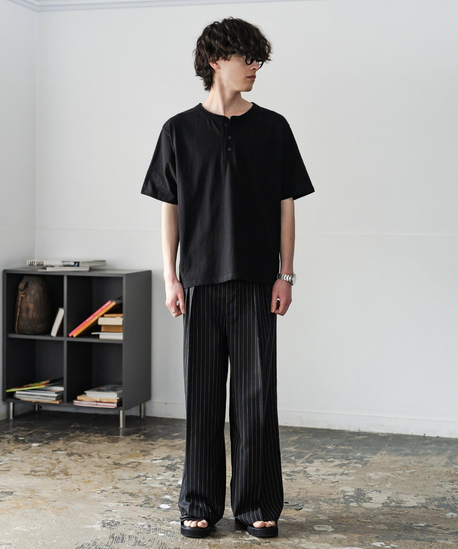 ケミカル加工 短丈 クロップド ショート丈半袖コットンヘンリーネックTシャツ 15632