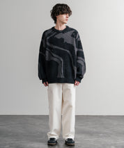 5Gフェザーヤーンジャガードマーブル柄ルーズクルーネック長袖ニット 15190