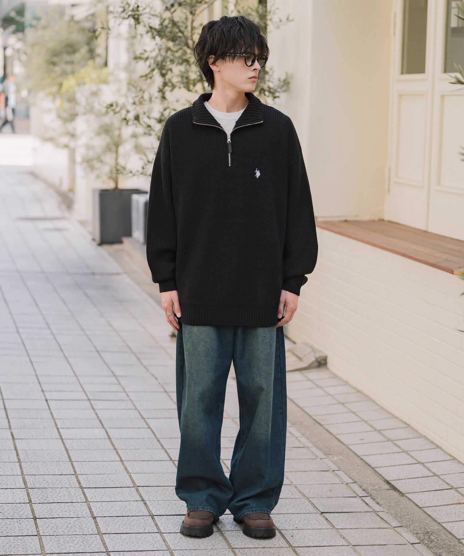 U.S. POLO ASSN. ユーエスポロアッスン 別注コラボオーバーサイズワンポイントロゴ刺繍畦編みハーフジップ長袖ニットセーター 16030