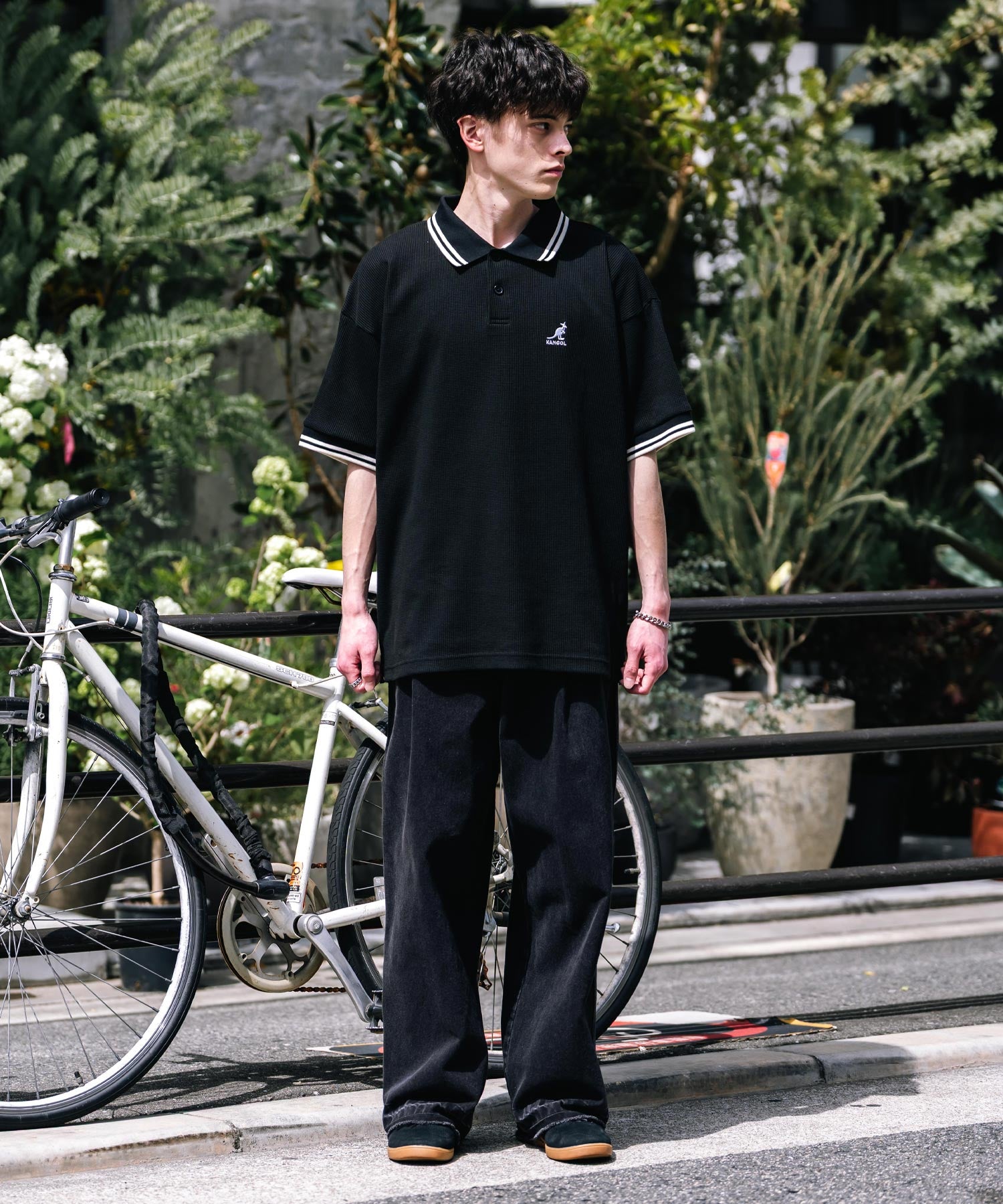 KANGOL カンゴール 別注コラボ オーバーサイズワッフルダブルラインワンポイントロゴ刺繍半袖ポロシャツ