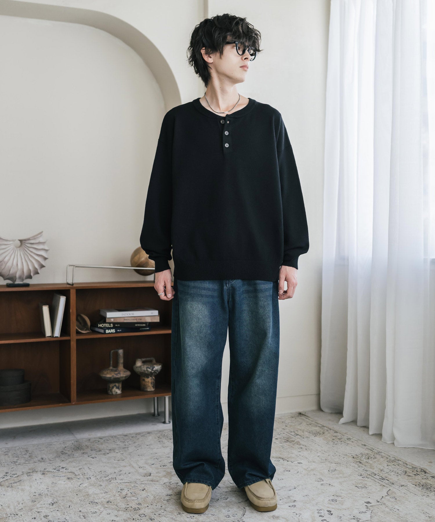 リラックスフィット多機能ヘンリーネックニット 抗菌防臭 ストレッチ マシンウォッシャブル 16005
