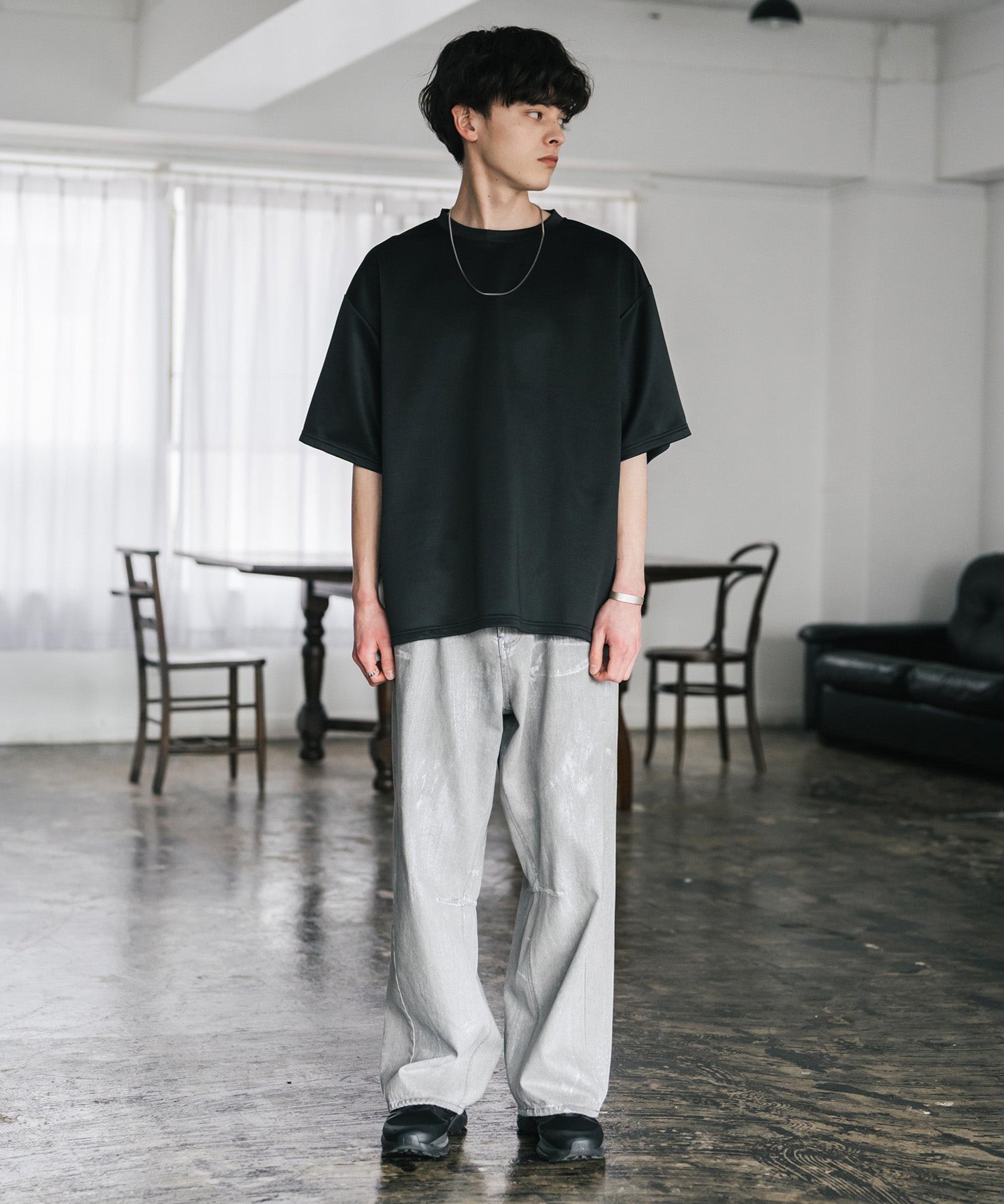 接触冷感 オーバーサイズサイドスリットダンボール半袖クルーネックTシャツ