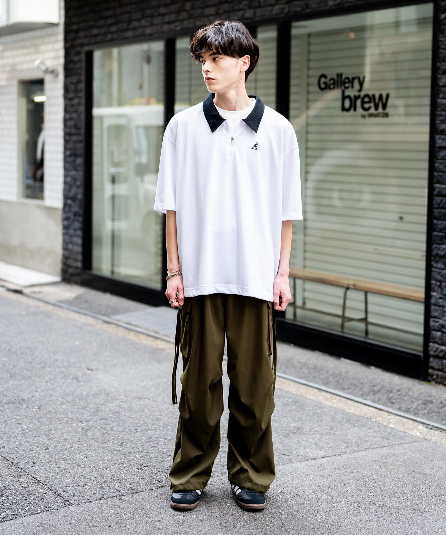 KANGOL カンゴール 別注コラボ 鹿の子ハーフジップクレリックカラー/オーバーサイズロゴ刺繍半袖ポロシャツ