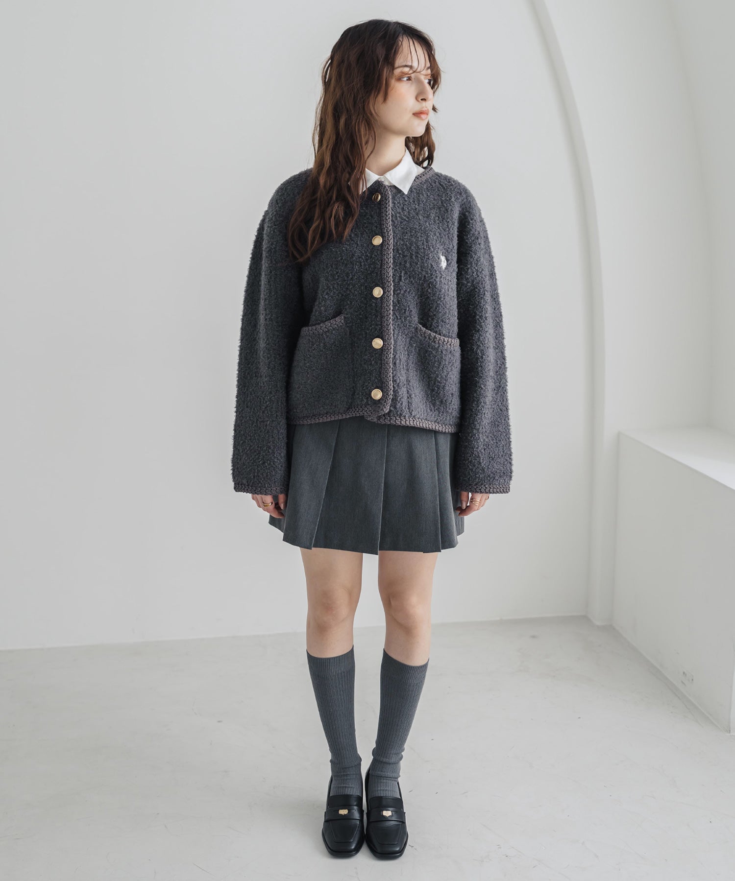 U.S. POLO ASSN. ユーエスポロアッスン W's オーバーサイズワンポイントロゴ刺繍ノーカラーニットボアジャケット/ゴールドボタンニットカーディガン 16584