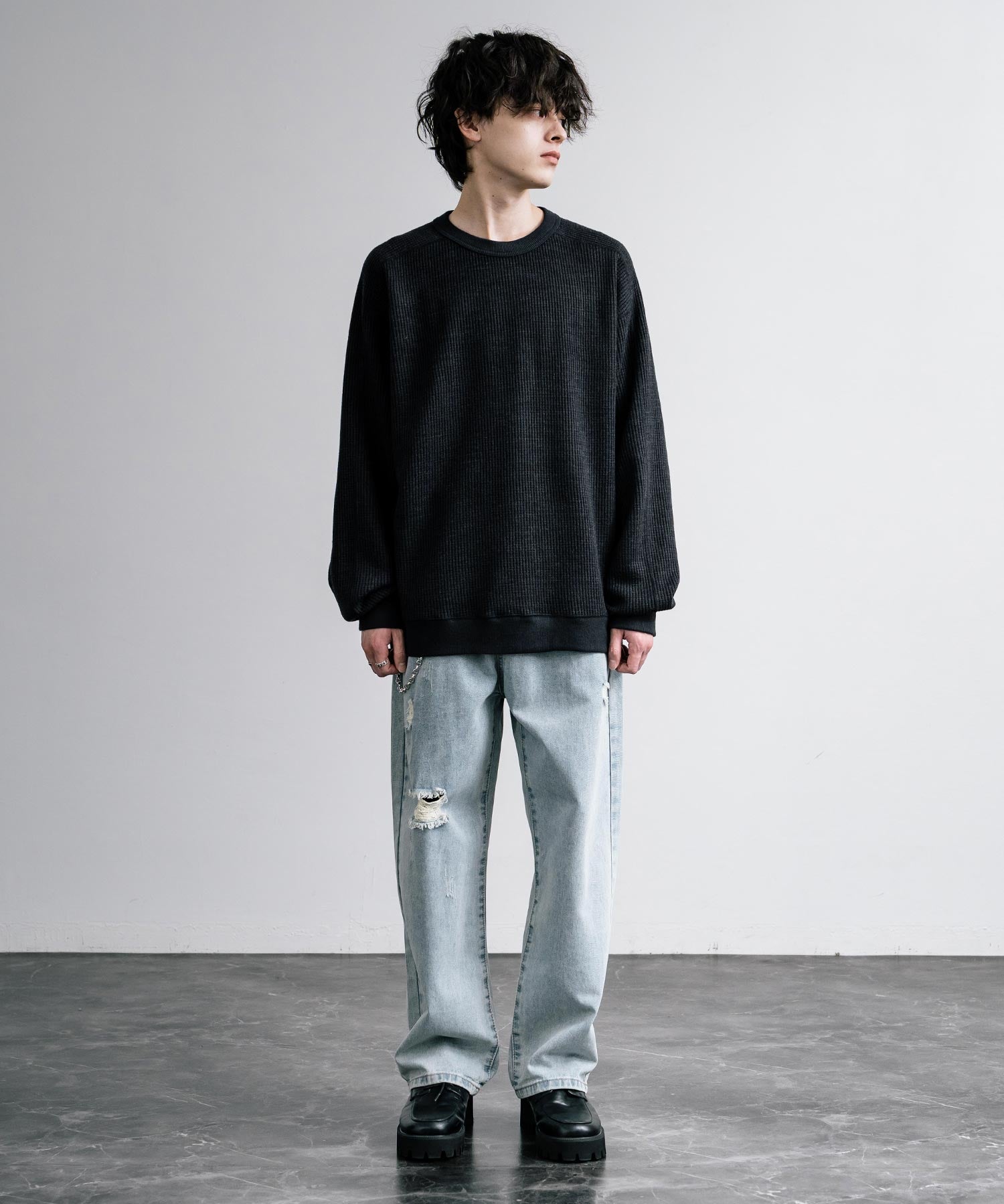 新色追加 Upscape Audience アップスケープオーディエンス 日本製 国産 ウールビックワッフルクルーネックニットソー AUD6570 14125