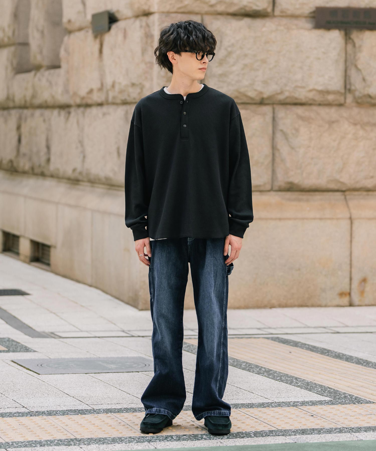 新色追加 オーバーサイズ T/Cワッフルヘンリーネック長袖Tシャツ 14620