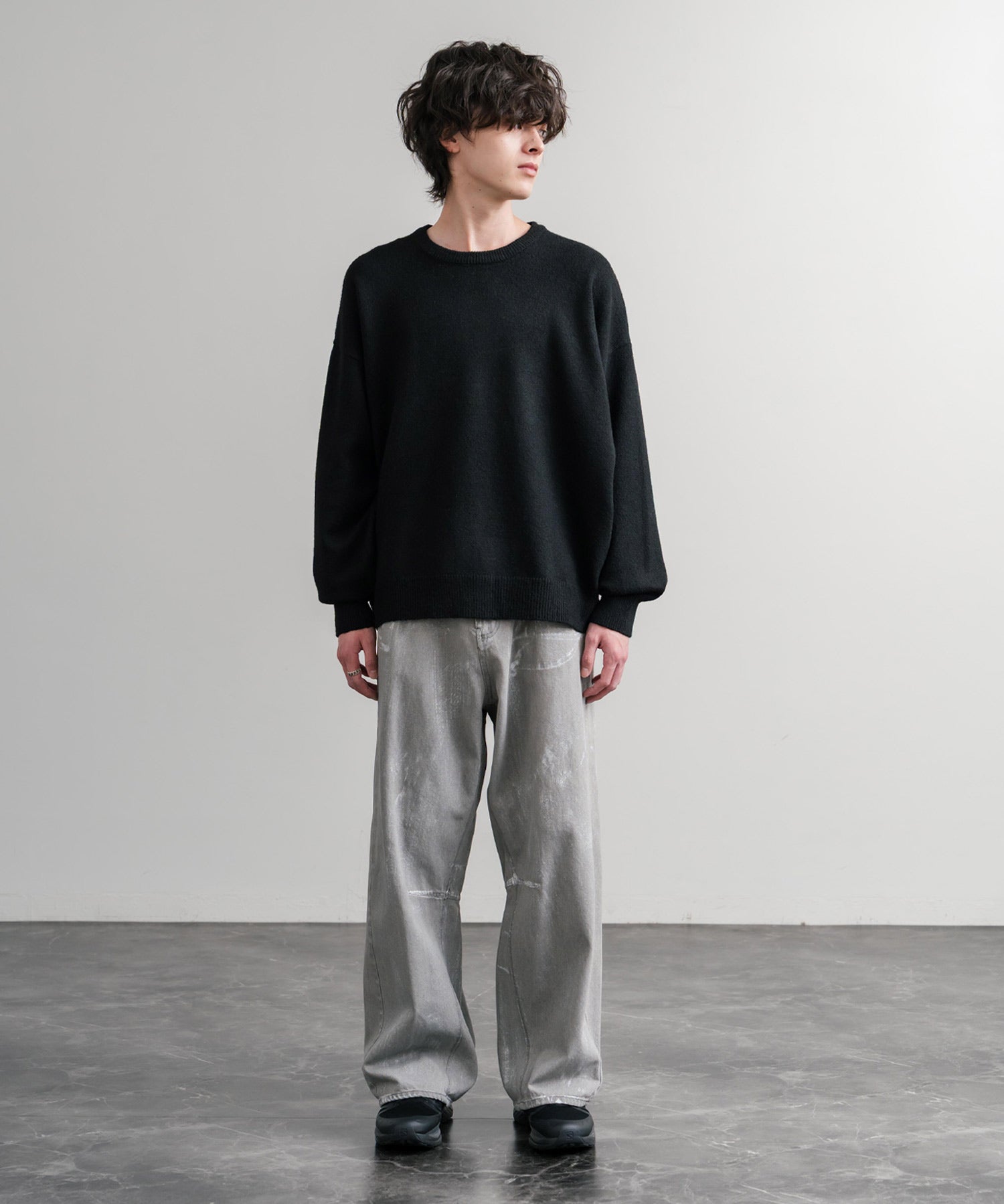 オーバーサイズ5Gウール混天竺ショート丈クルーネックニットセーター 15192