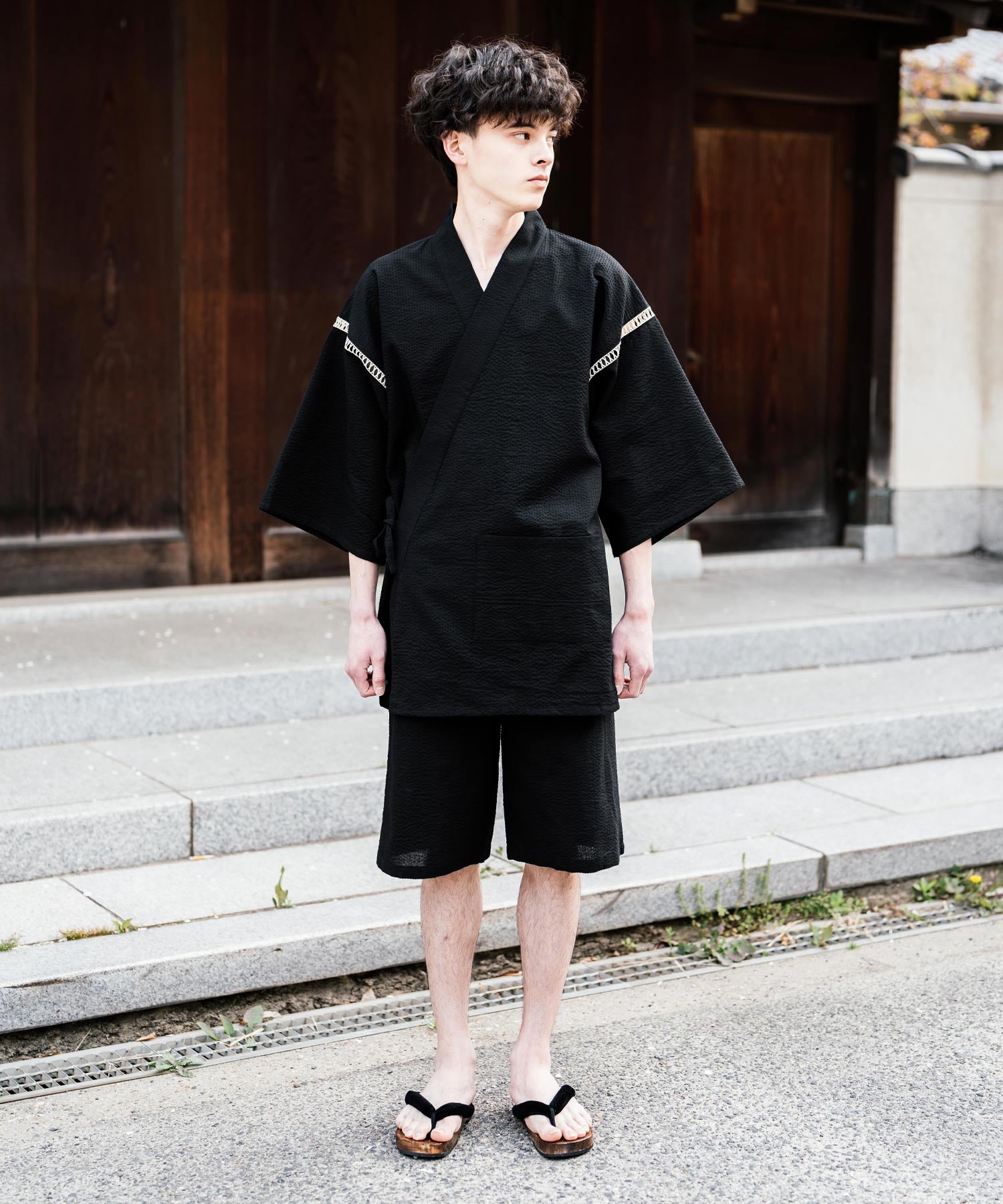 しじら織り甚平 上下セット 無地/ストライプ 14156