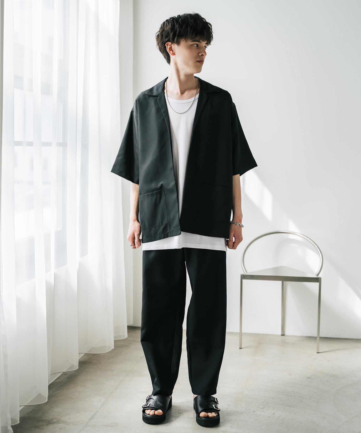 【3点セットアップ】 オーバーサイズ5分袖シャツジャケット&ワイドテーパードパンツ&接触冷感タンクトップ