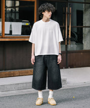 新色追加 ケミカルウォッシュ オーバーダイ ワイドデニムハーフショートパンツ 15374