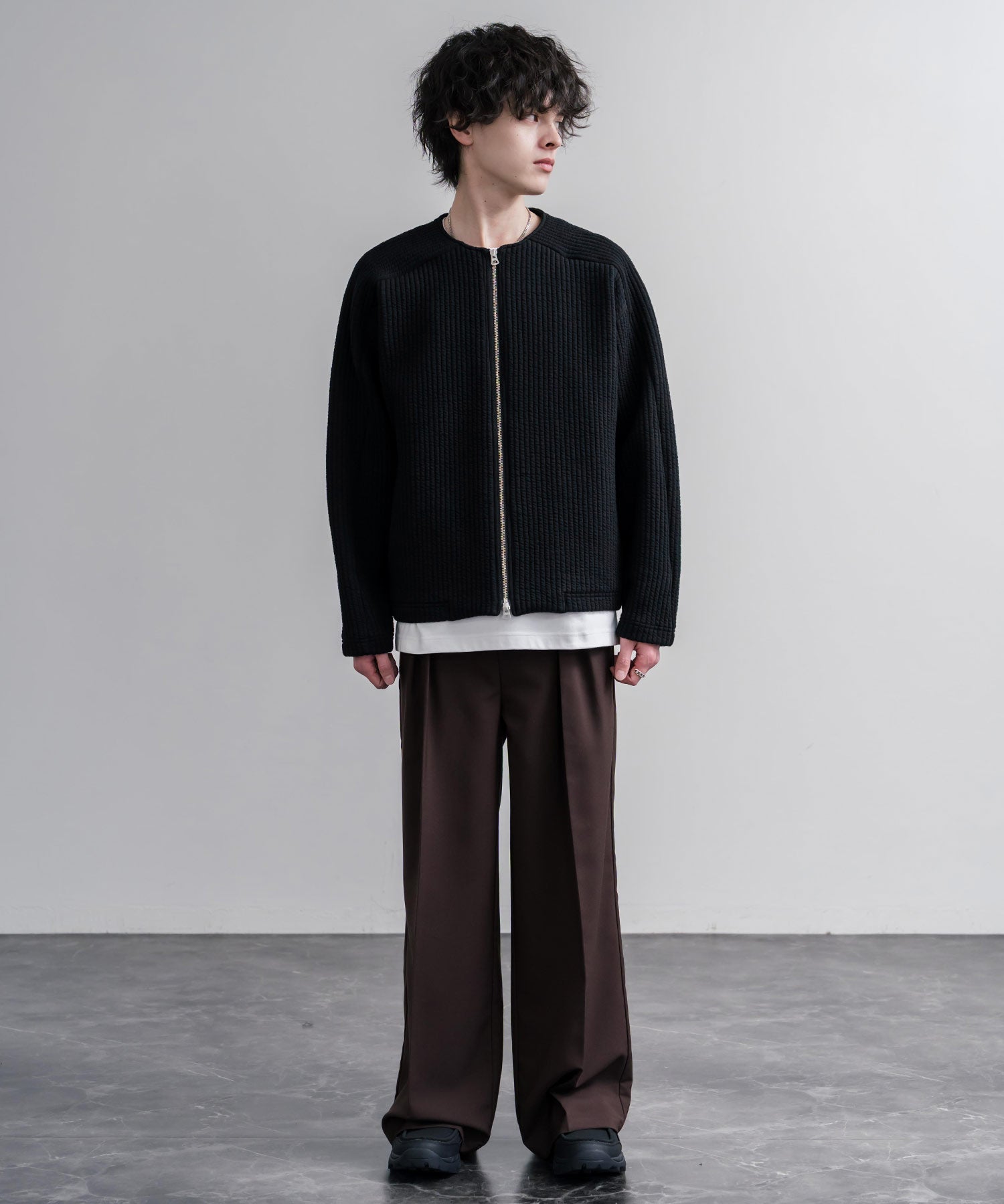 Upscape Audience アップスケープオーディエンス 日本製 国産 尾州コットンキルトノーカラーダブルジップジャケット AUD7411 16568