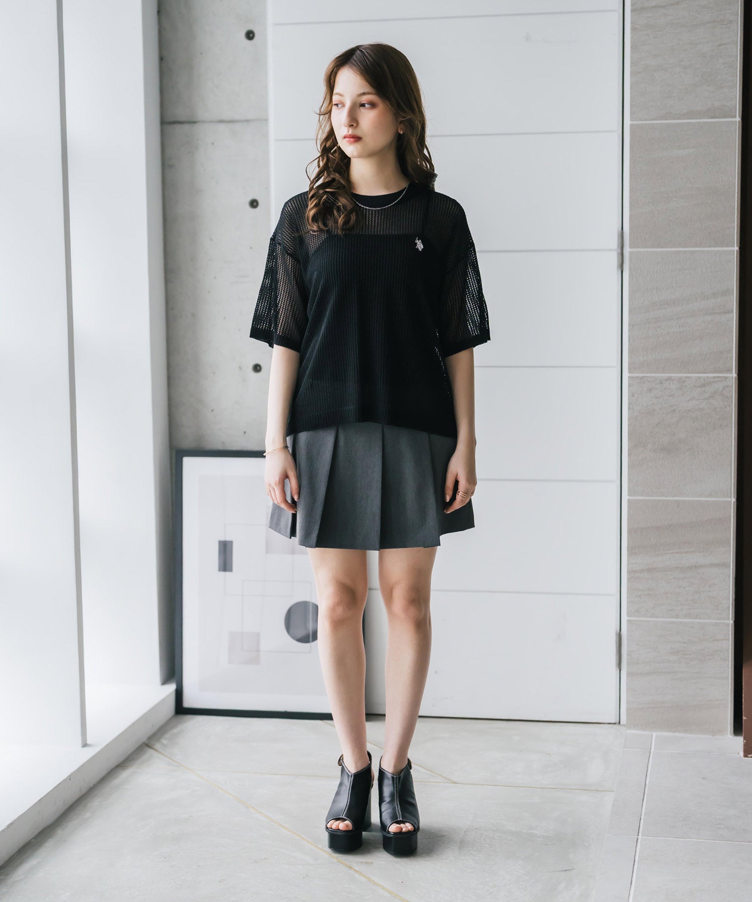 U.S. POLO ASSN. ユーエスポロアッスン W's ワンポイントロゴ刺繍透かし編み半端袖プルオーバーニット 15900
