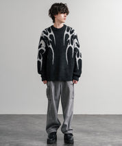 5Gフェザーヤーンジャガードトライバル柄ルーズクルーネック長袖ニット 15191