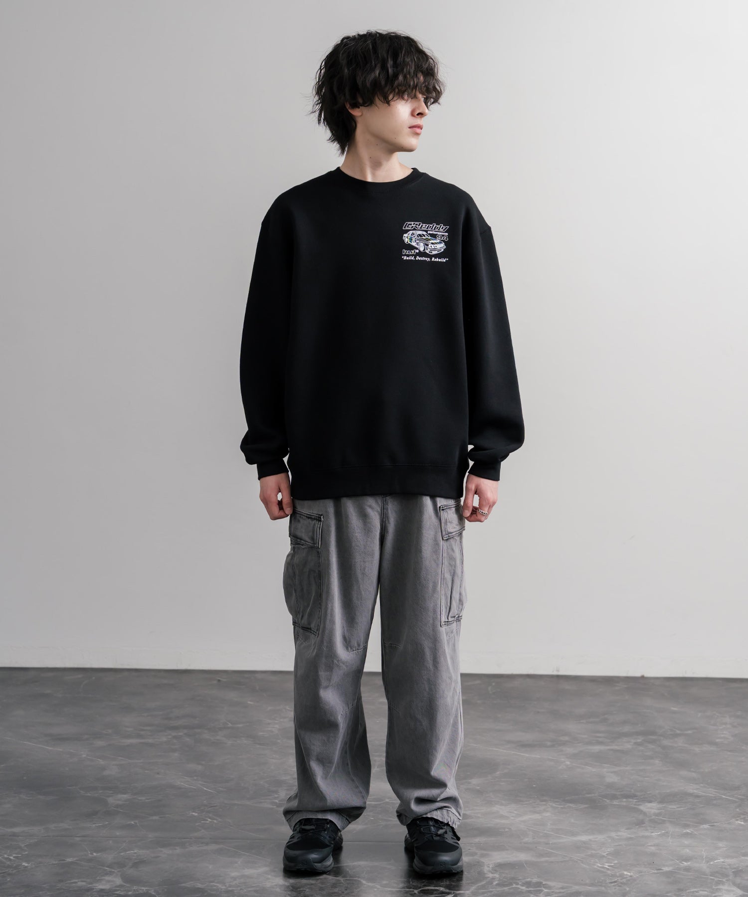 HUF ハフ オーバーサイズ裏起毛アソートプリント刺繍クルーネック長袖トレーナー 16462