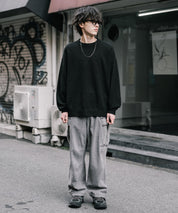 オーバーサイズウール混メランジプルオーバーニット/天竺編みクルーネック長袖セーター 14714