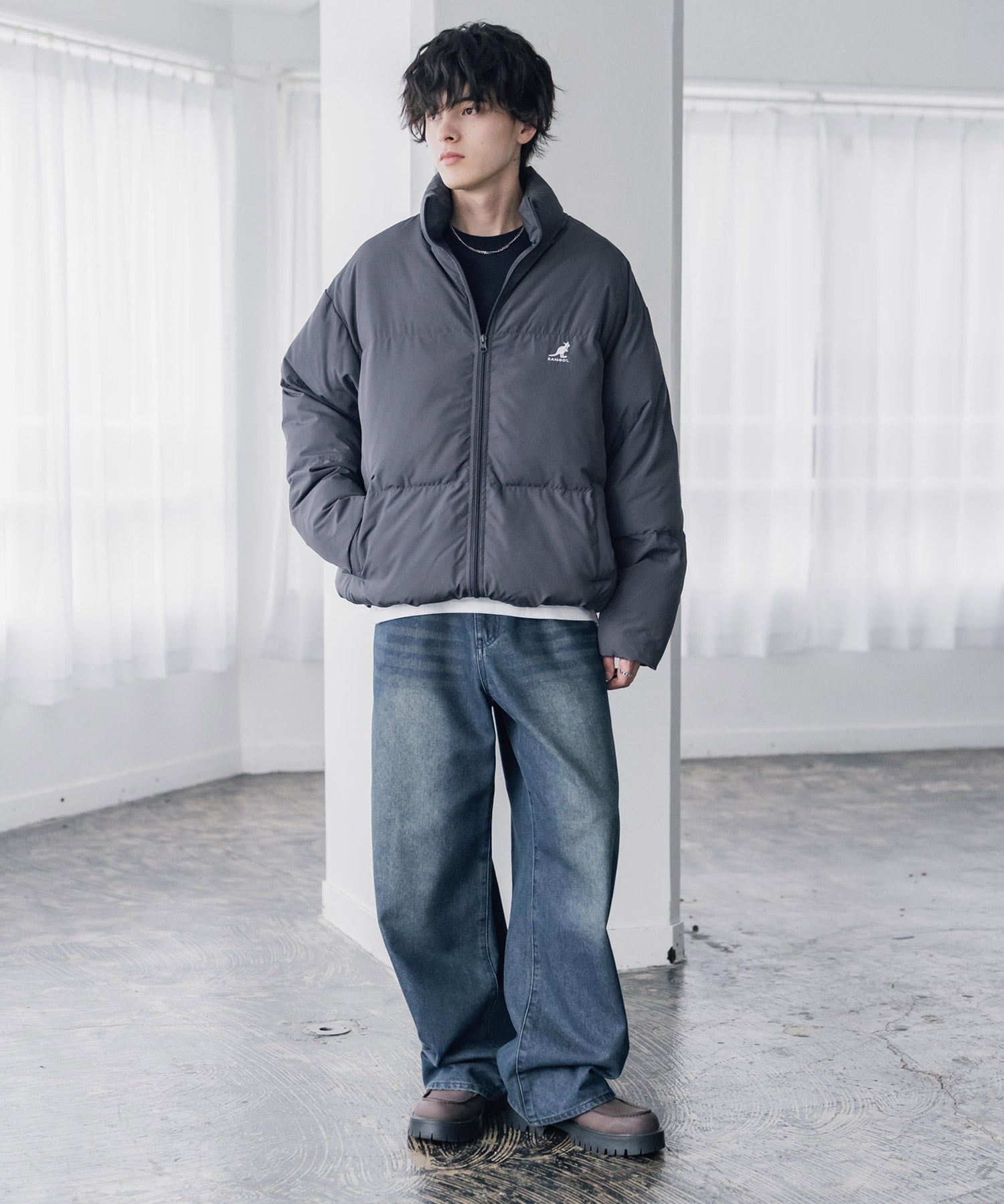 KANGOL カンゴール 別注コラボ オーバーサイズワンポイントロゴ刺繍スタンドネックファイバーダウン中綿ジャケット 15989