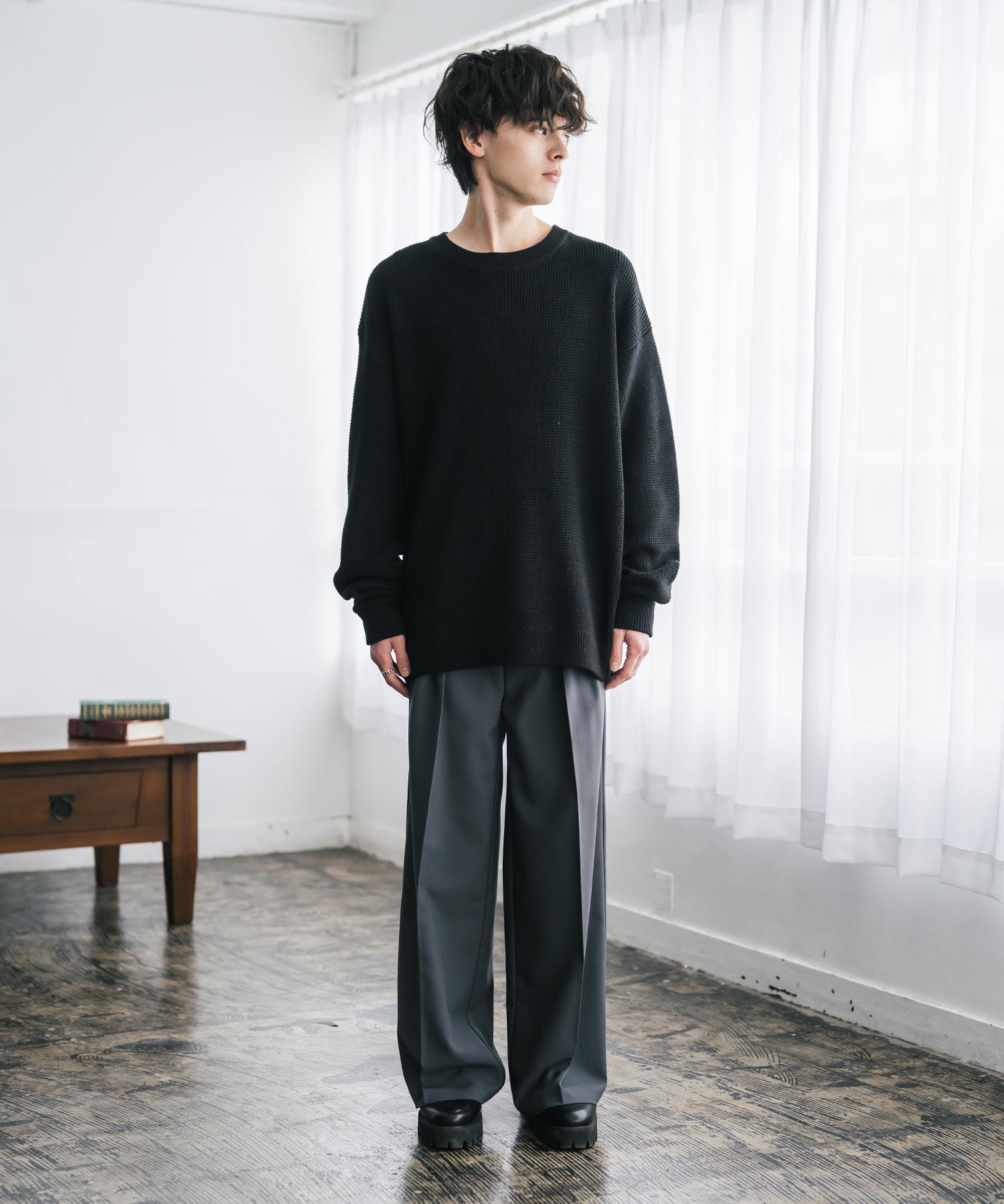 オーバーサイズ配色リブワッフルニットプルオーバーセーター	14546