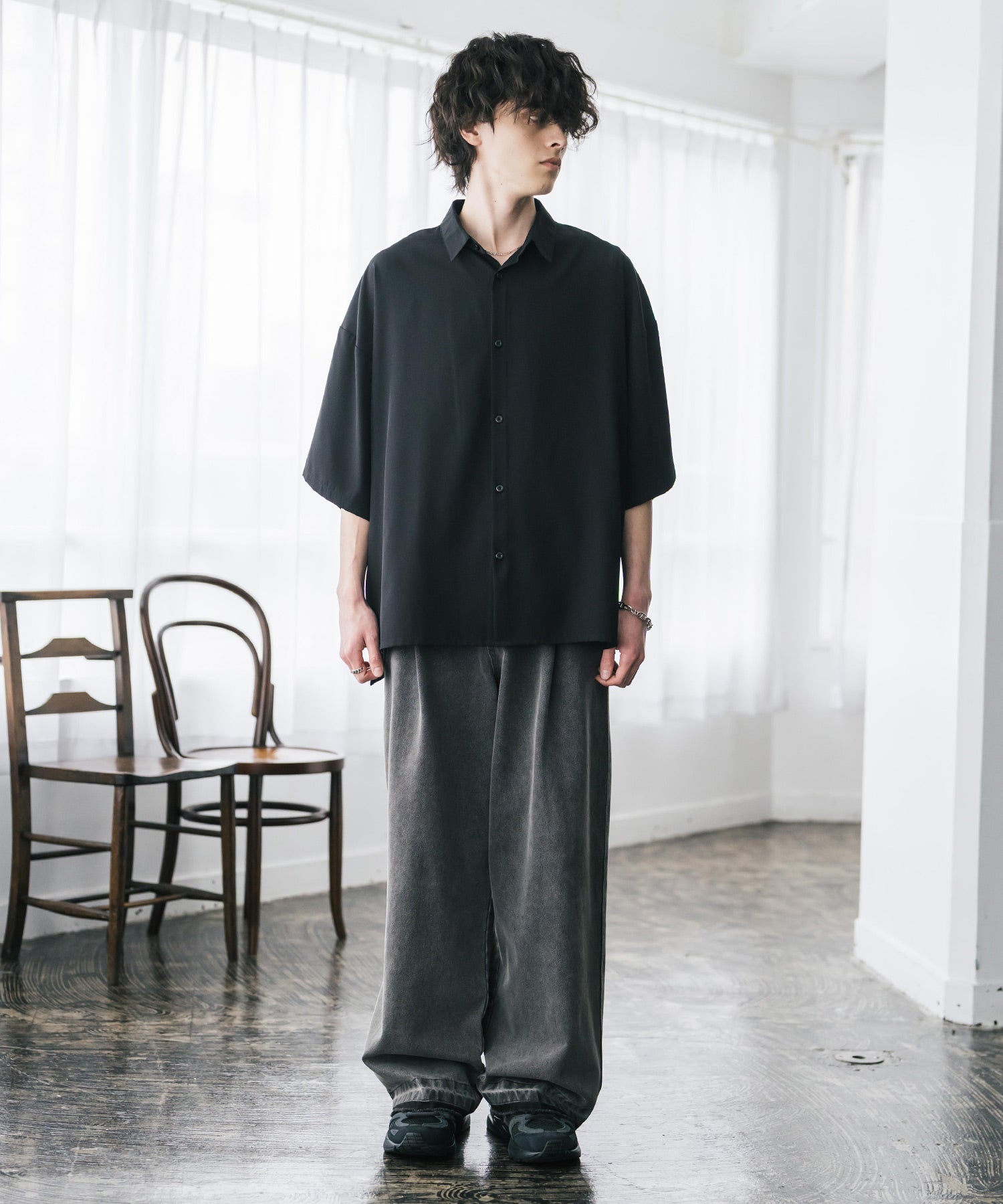 新色追加 接触冷感 オーバーサイズとろみビッグシルエットストレッチレギュラーカラー半袖シャツ 14208