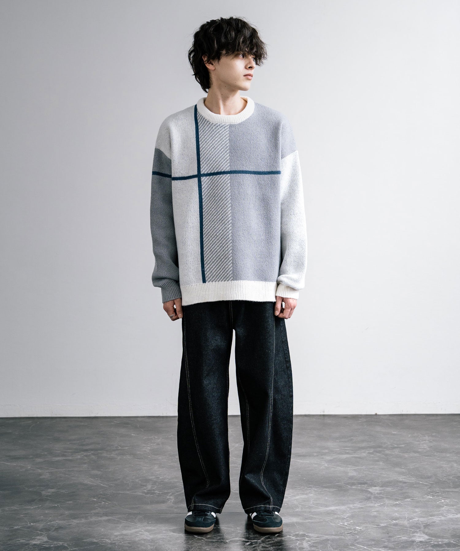 新色追加 オーバーサイズ クロスチェック柄クルーニット　14052