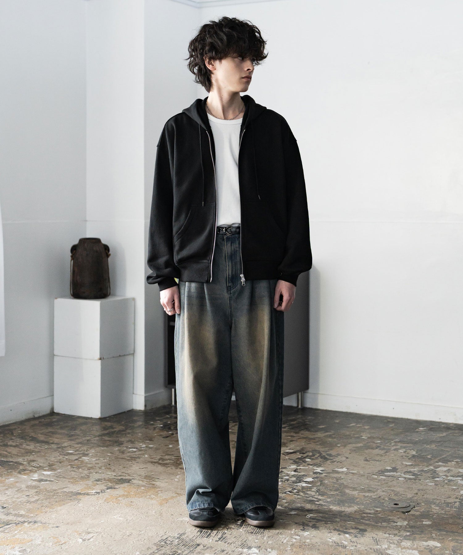 オーバーサイズ 裏毛ショート丈長袖ダブルジップパーカー 15435　【セットアップ可能】