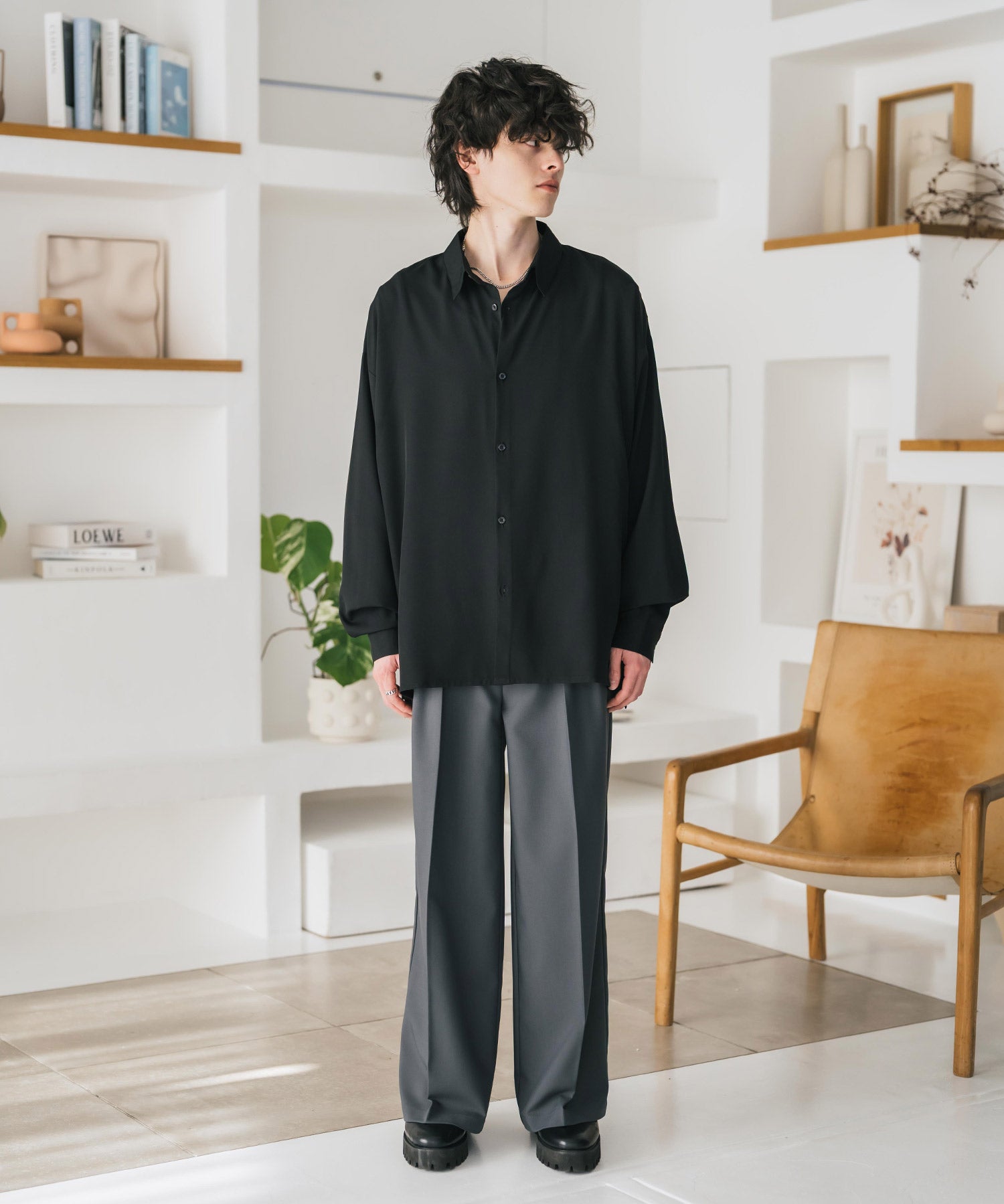 新色追加 接触冷感 オーバーサイズとろみストレッチレギュラーカラー長袖シャツ 14209