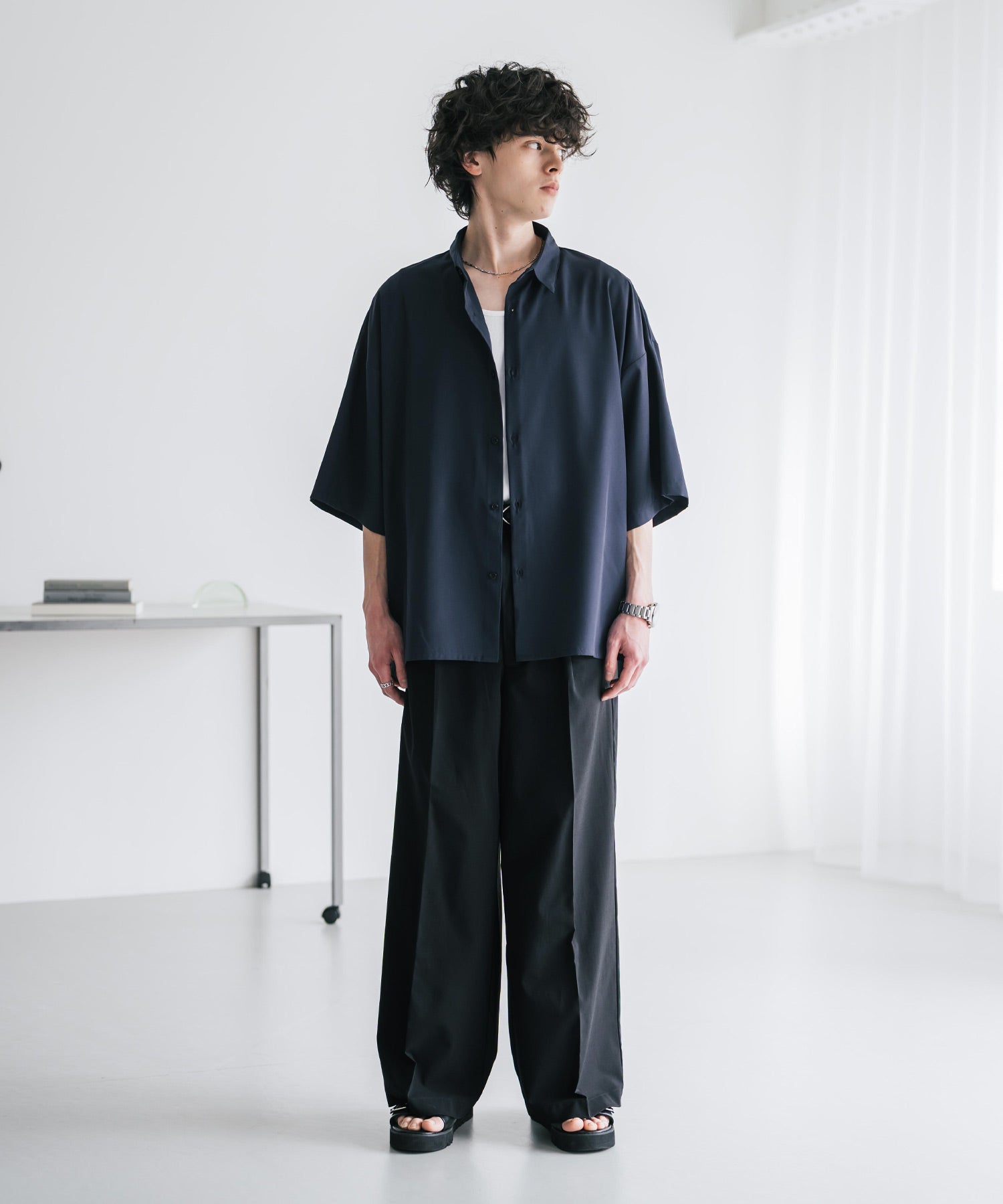 接触冷感 多機能素材リネンライク ワンタックセンタープレスワイドストレートイージーパンツ 15483