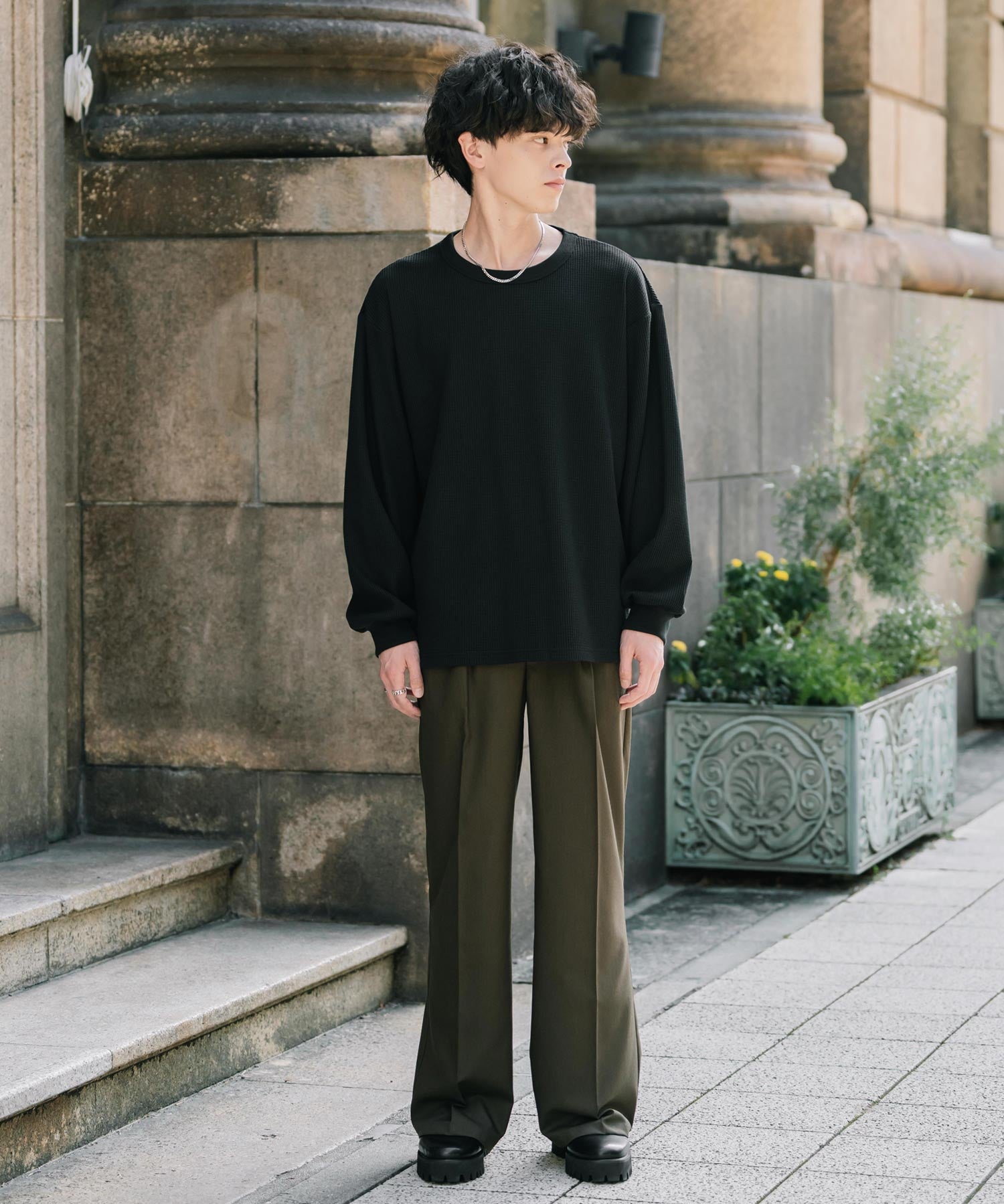 オーバーサイズ T/Cワッフルクルーネック長袖Tシャツ 14621