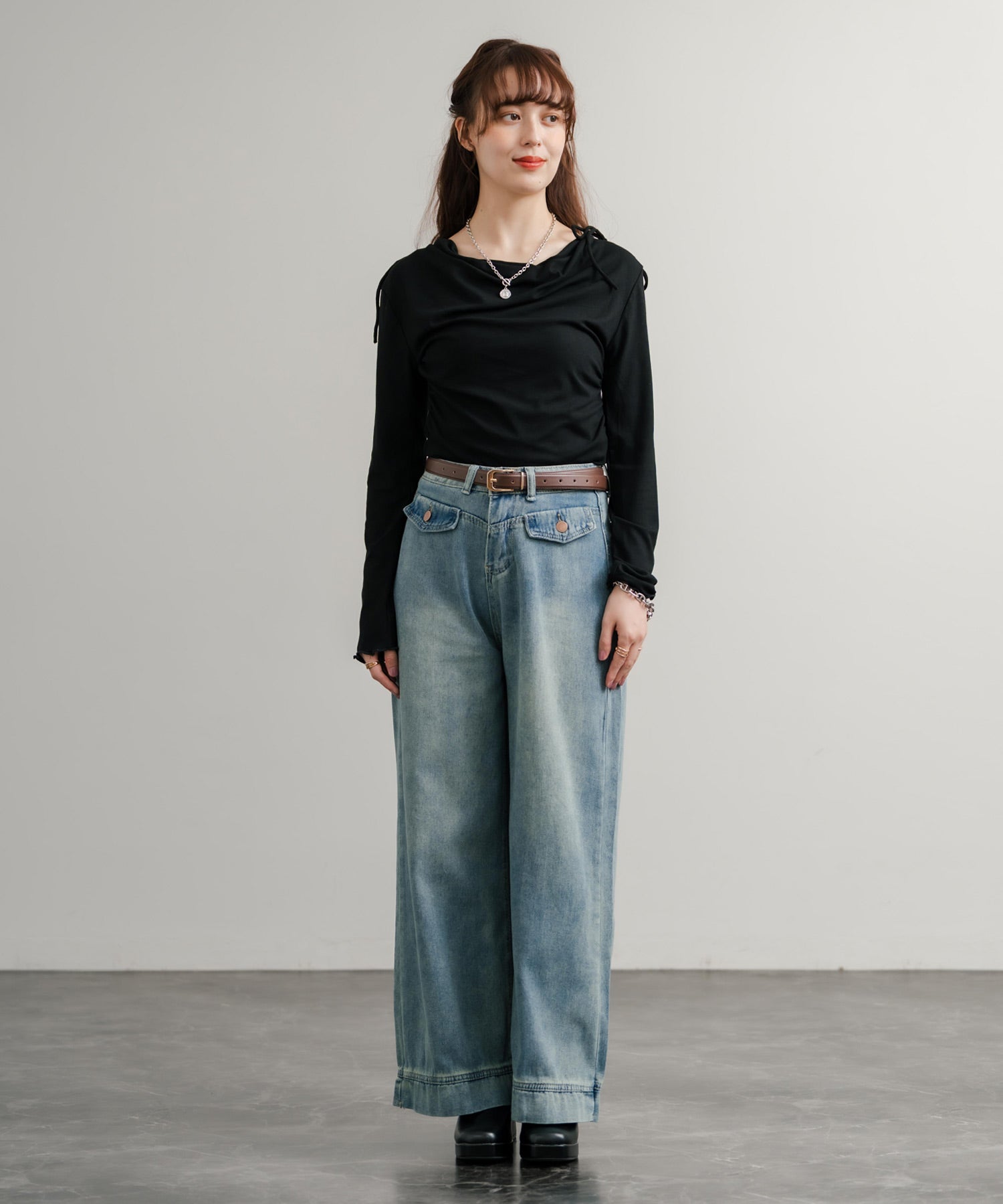 ルーズシルエットハイウエストワイドストレートデニムパンツ	14915