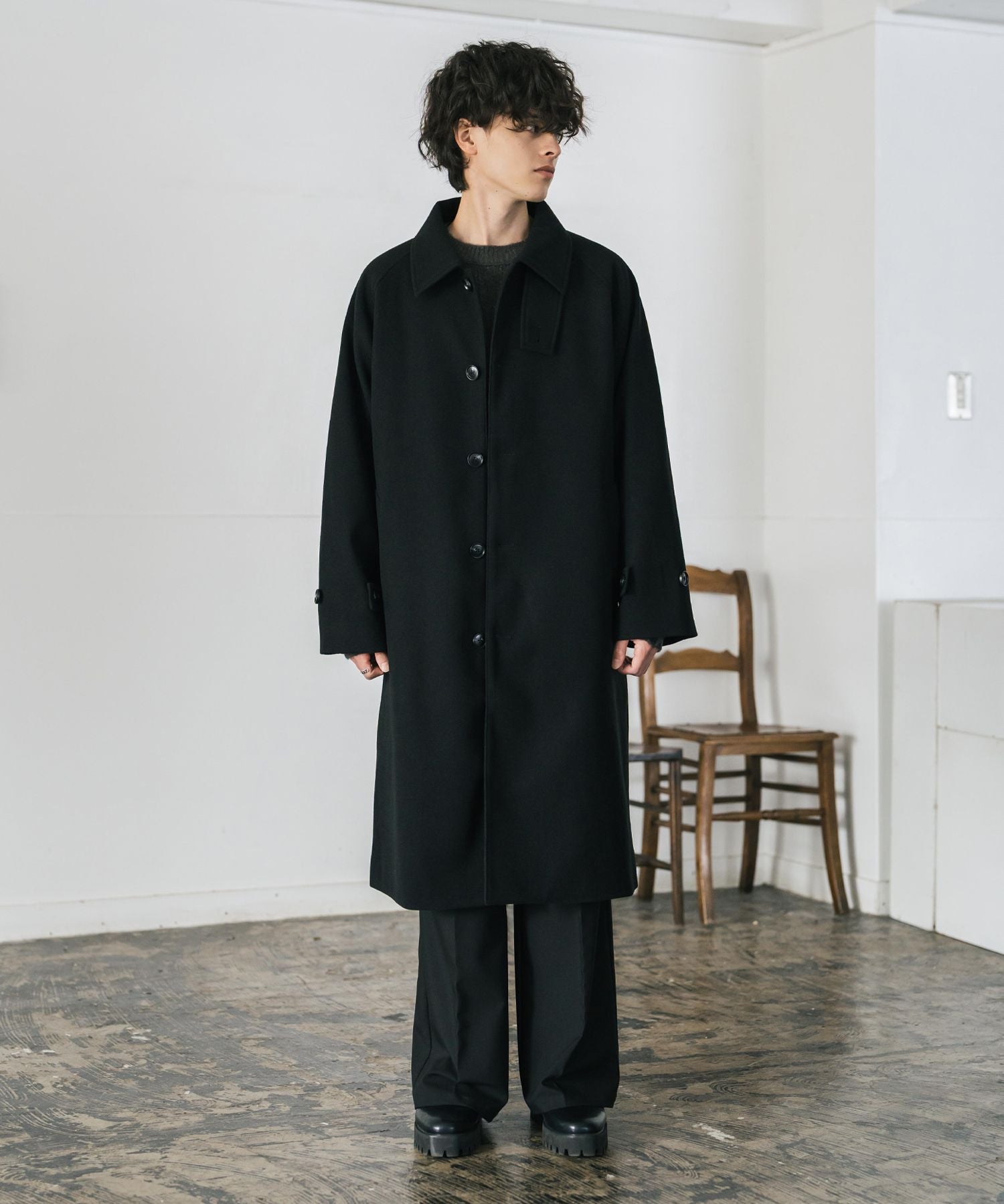 オーバーサイズ T/M ラグランロングステンカラーコート/2WAYチンストラップ付きスタンドネックロングコート 14616