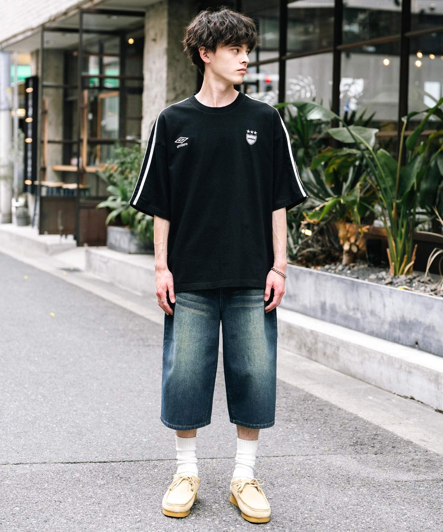 UMBRO アンブロ 別注コラボ オーバーサイズサイドライントラックワンポイントロゴ刺繍クルーネック半袖Tシャツ