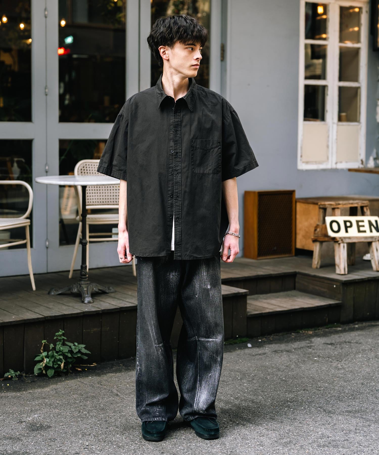 オーバーサイズ ピグメントダイ加工 レギュラーカラー半袖ブロードシャツ