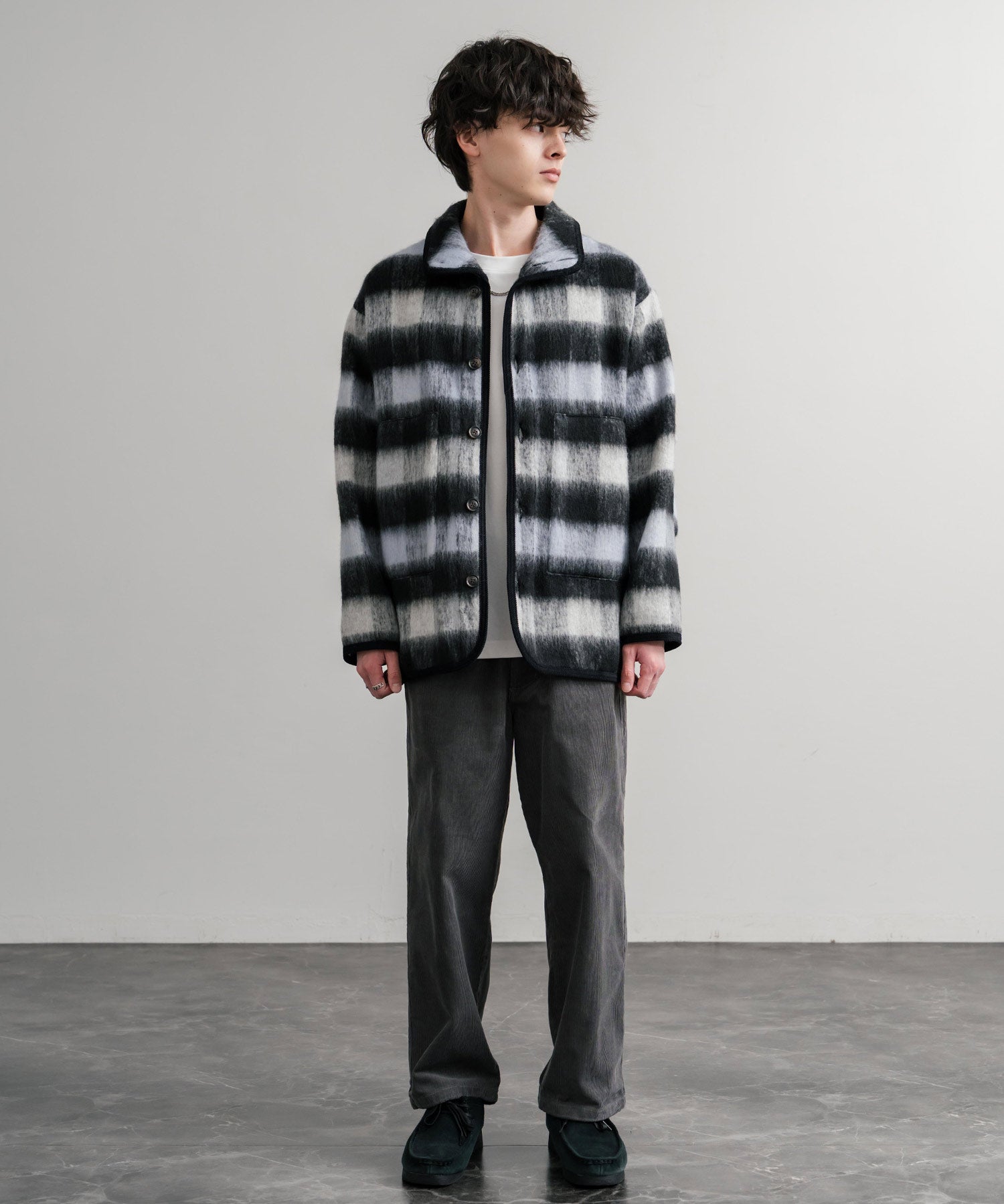 Upscape Audience アップスケープオーディエンス 日本製 国産 ECOLANAシャギーチェックスタンドオーバージャケット AUD7340 14898