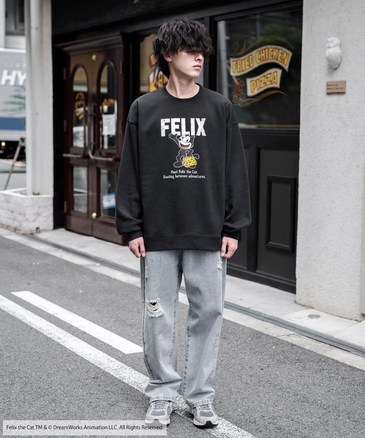 Casper/FELIX THE CAT 別注コラボ オーバーサイズヴィンテージライクグラフィックプリント裏起毛スウェットトレーナー 15116