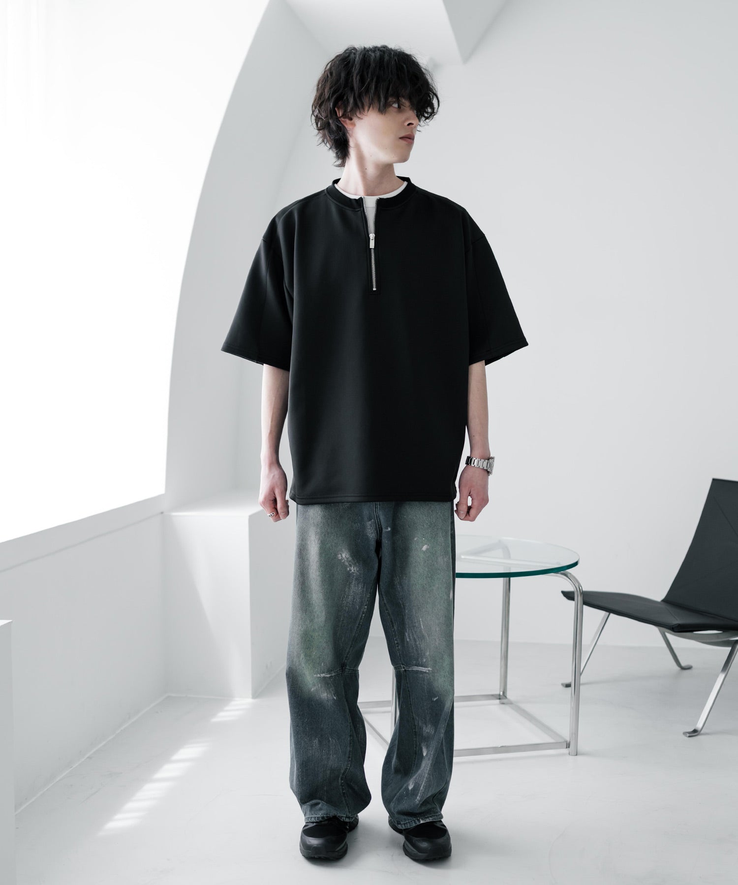 接触冷感 オーバーサイズダンボールハーフジップ半袖プルオーバーTシャツ 15624