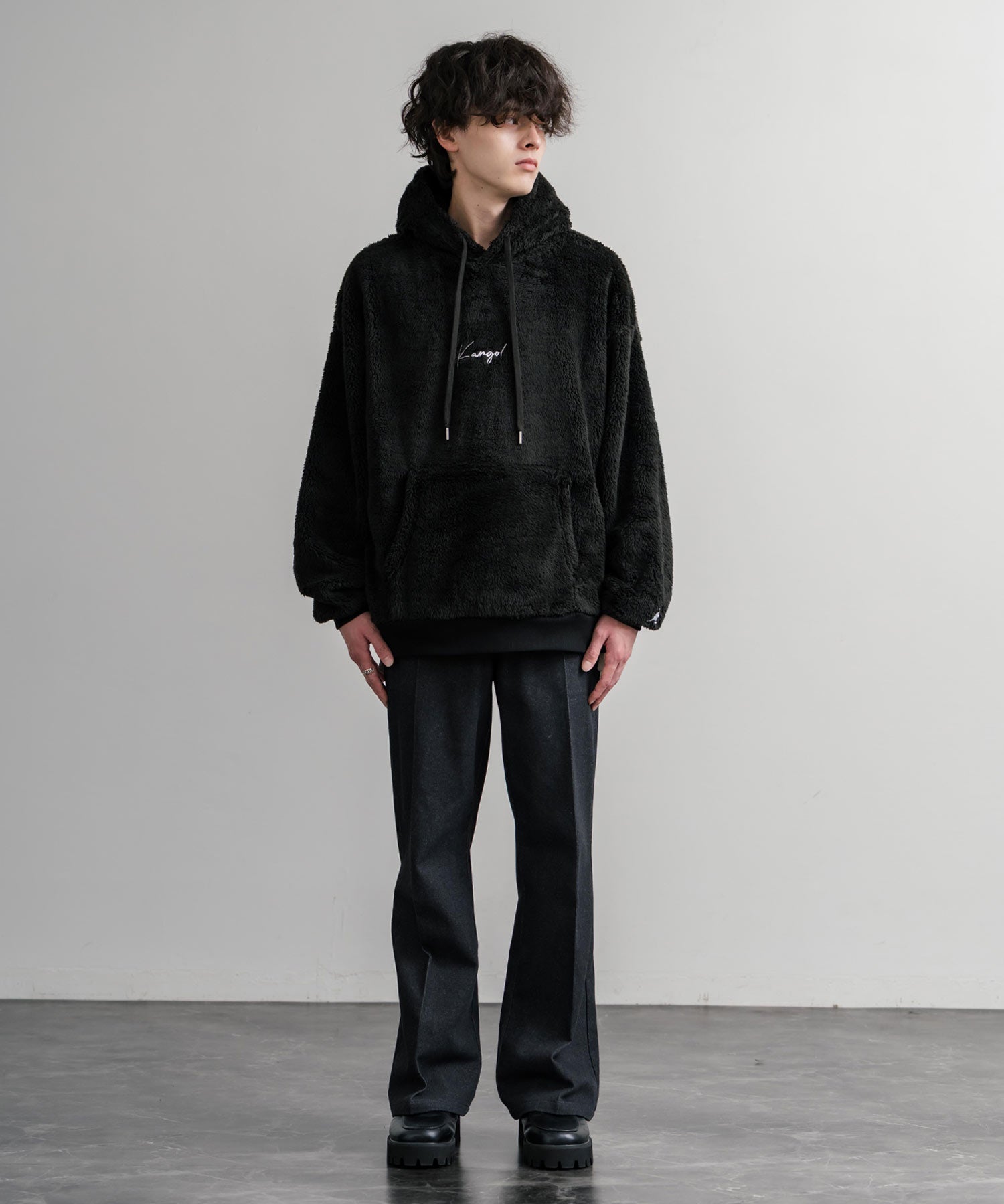 KANGOL カンゴール 別注コラボ ロゴ刺繍シャギーボアフリースプルオーバーパーカー 14624