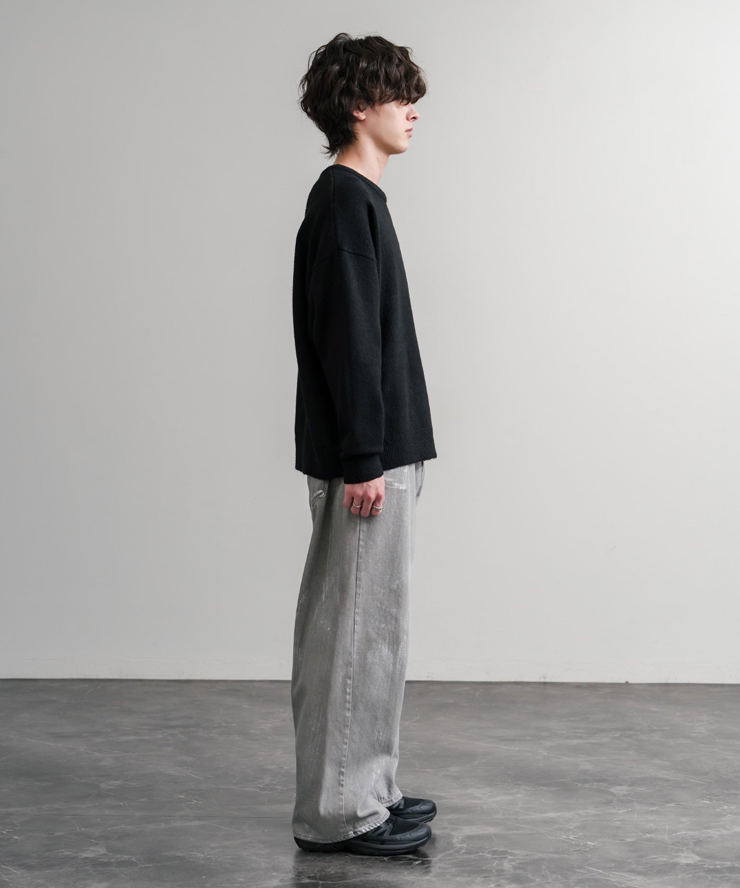 オーバーサイズ5Gウール混天竺ショート丈クルーネックニットセーター 15192