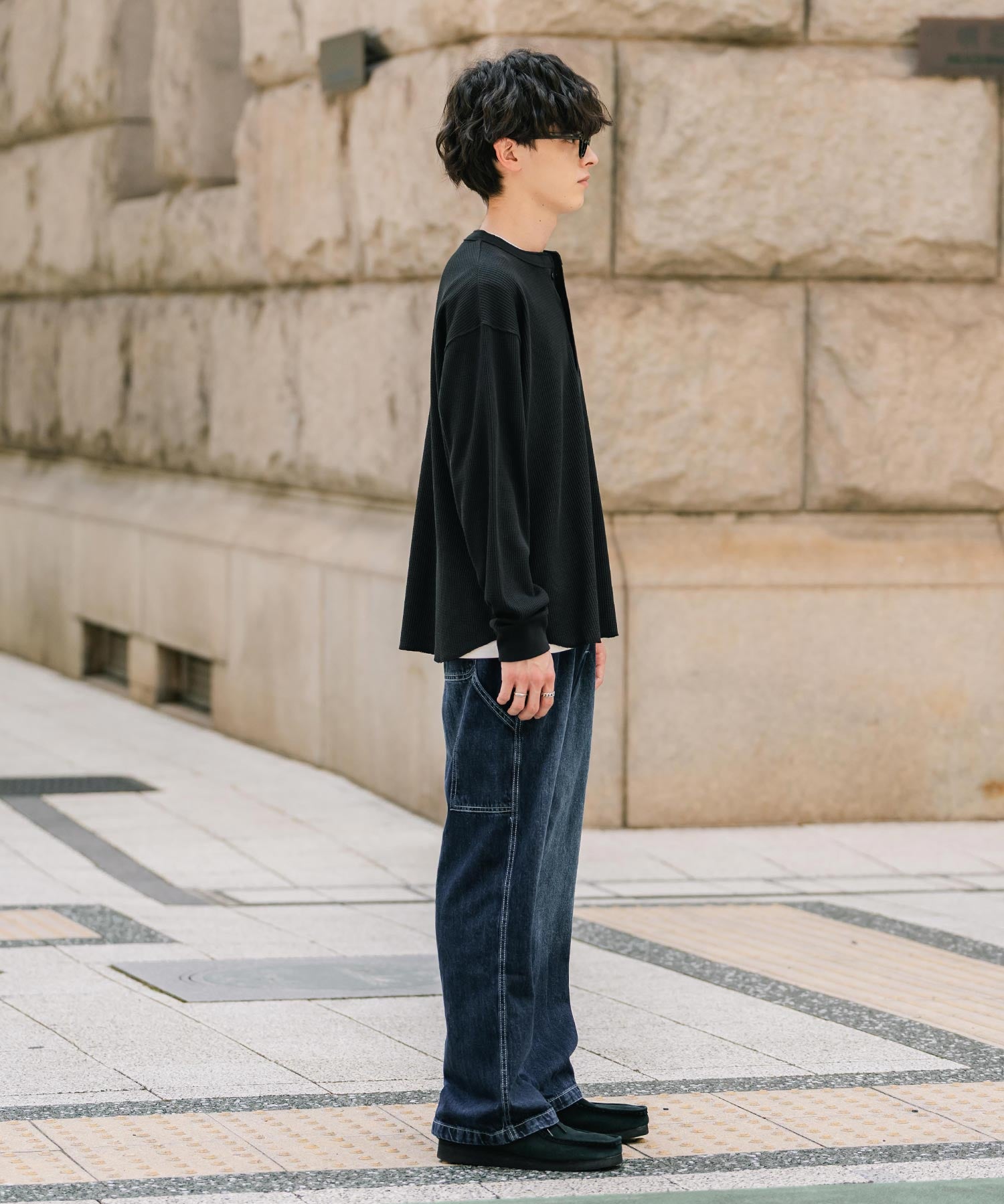 オーバーサイズ T/Cワッフルヘンリーネック長袖Tシャツ 14620
