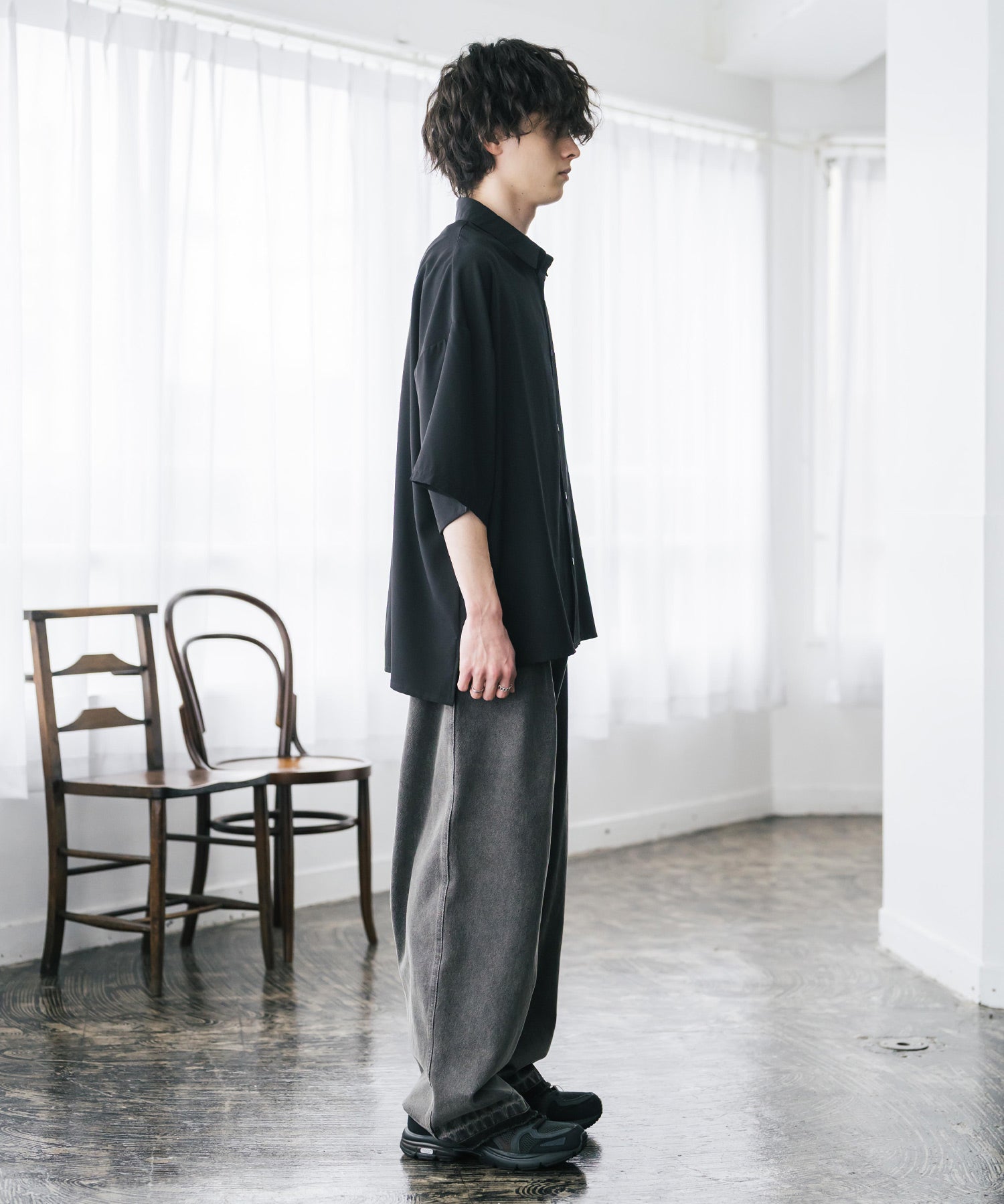 新色追加 接触冷感 オーバーサイズとろみビッグシルエットストレッチレギュラーカラー半袖シャツ 14208