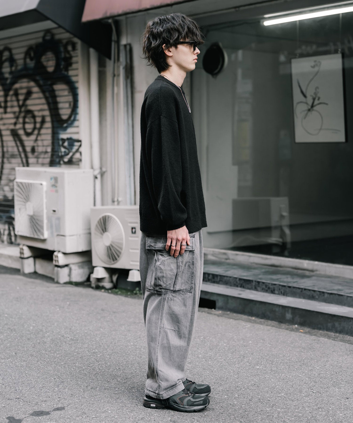 オーバーサイズウール混メランジプルオーバーニット/天竺編みクルーネック長袖セーター 14714