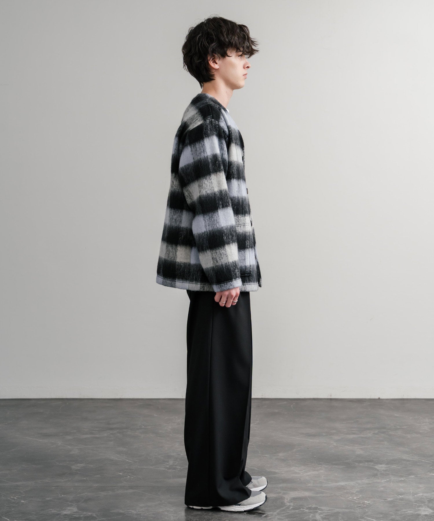 Upscape Audience アップスケープオーディエンス 日本製 国産 ECOLANA オーバーサイズシャギーチェックノーカラージャケット AUD7339 14897