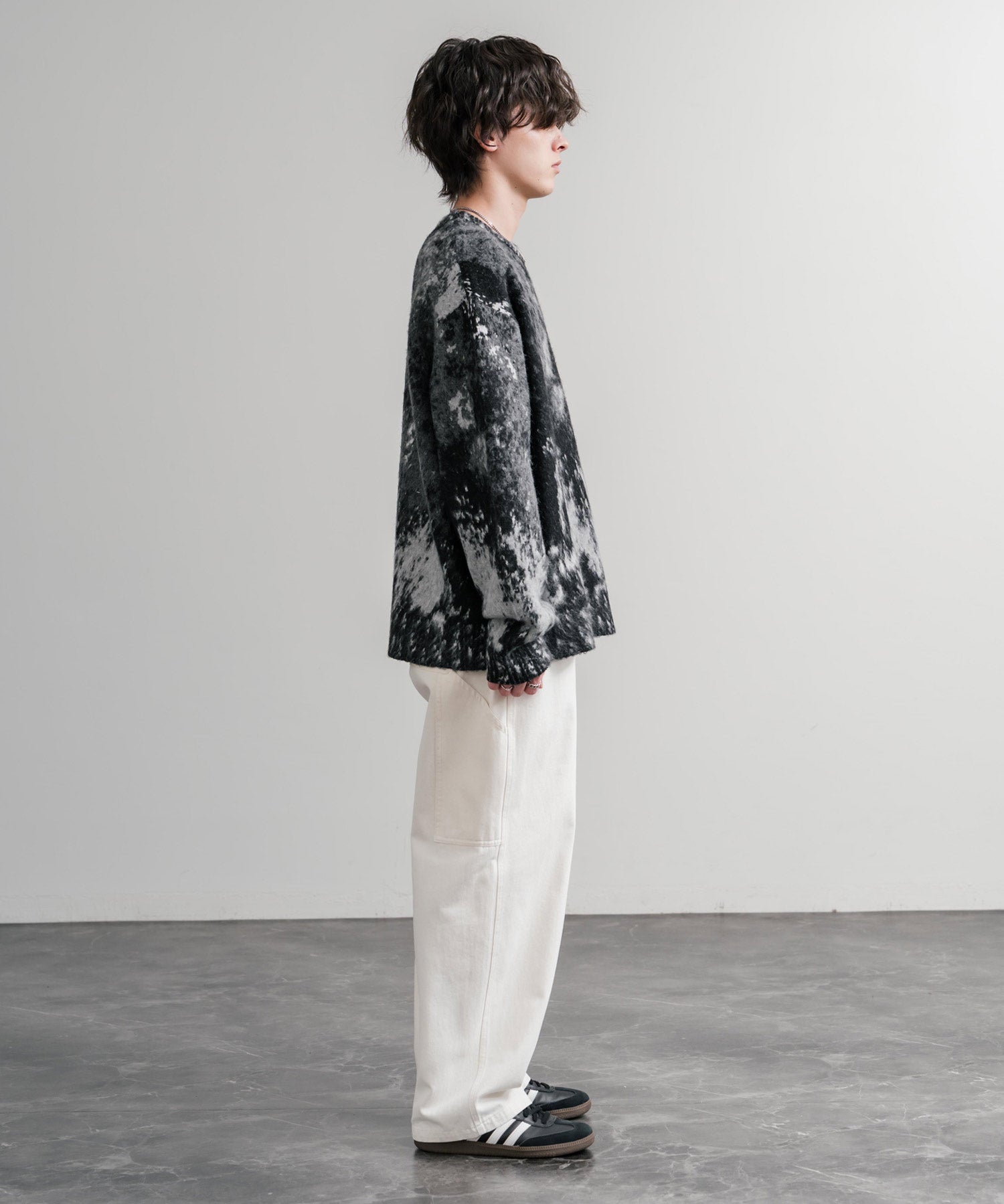 オーバーサイズ5Gジャガード編みアブストラクト柄クルーネックニットセーター 15193