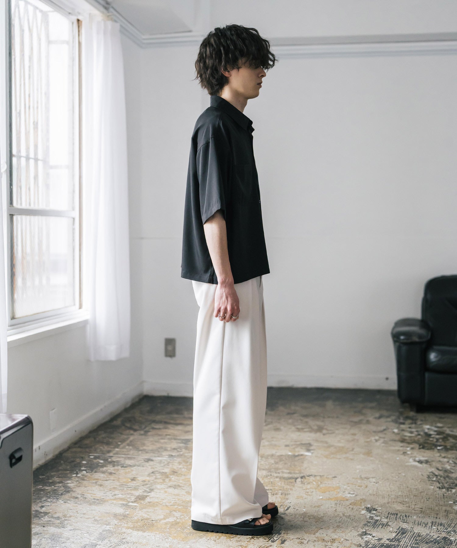 接触冷感 オーバーサイズとろみショート丈半袖シャツ/短丈ハーフスリーブシャツ 15366