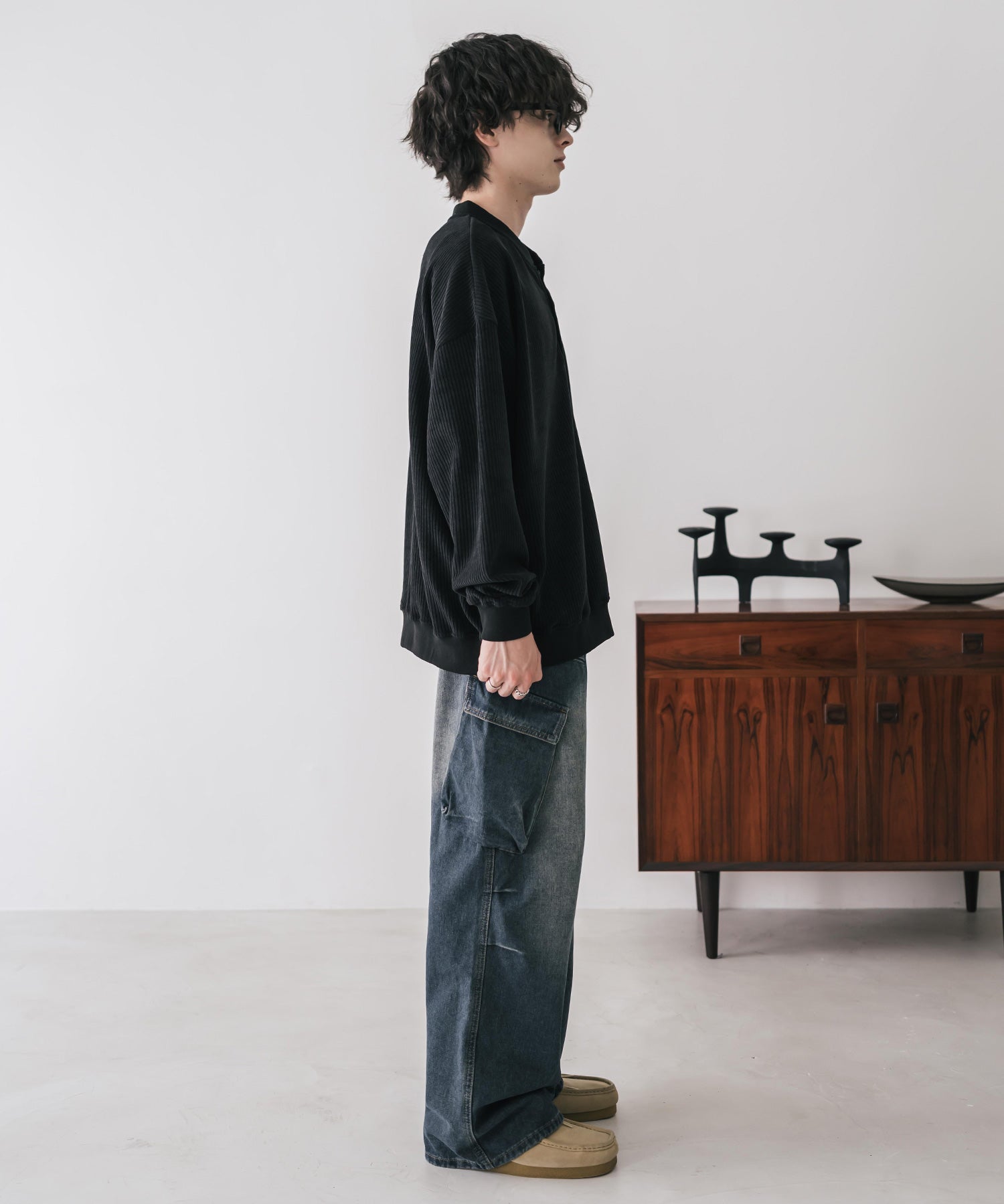 カットコーデュロイ・スエード長袖ヘンリーネックTシャツ/トレーナー 16152