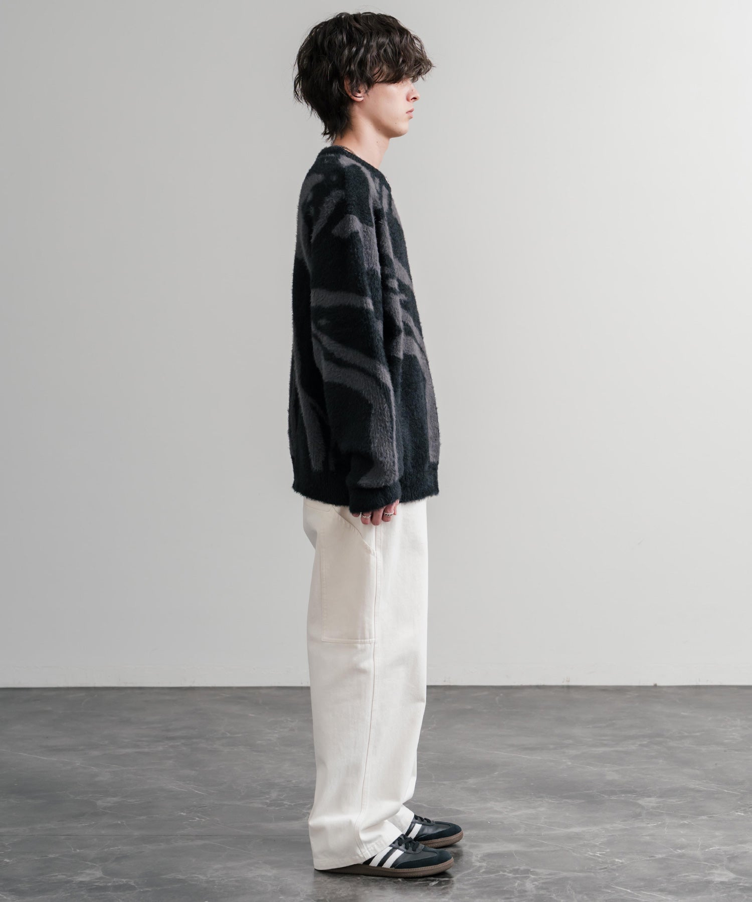 5Gフェザーヤーンジャガードマーブル柄ルーズクルーネック長袖ニット 15190