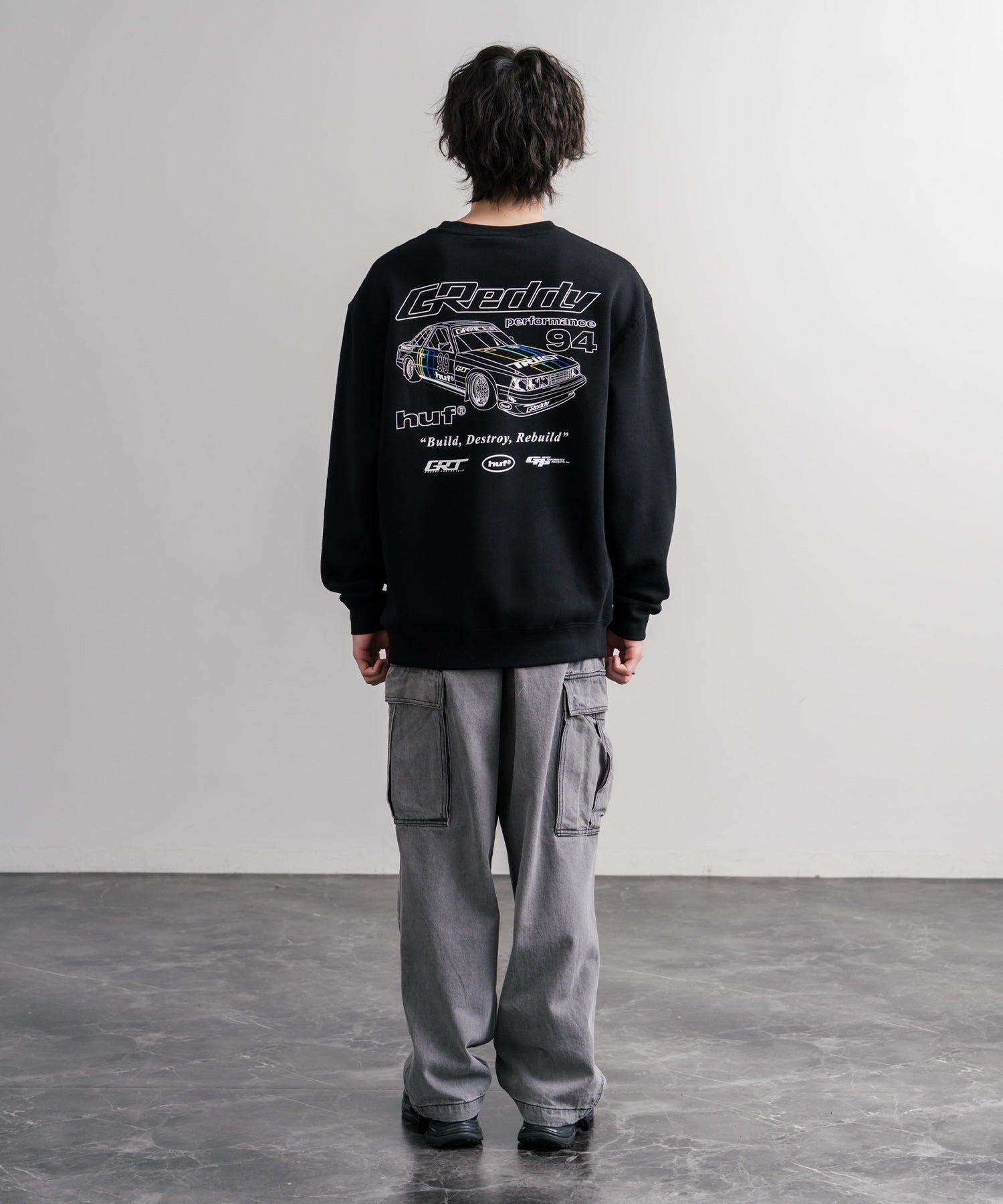 HUF ハフ オーバーサイズ裏起毛アソートプリント刺繍クルーネック長袖トレーナー 16462