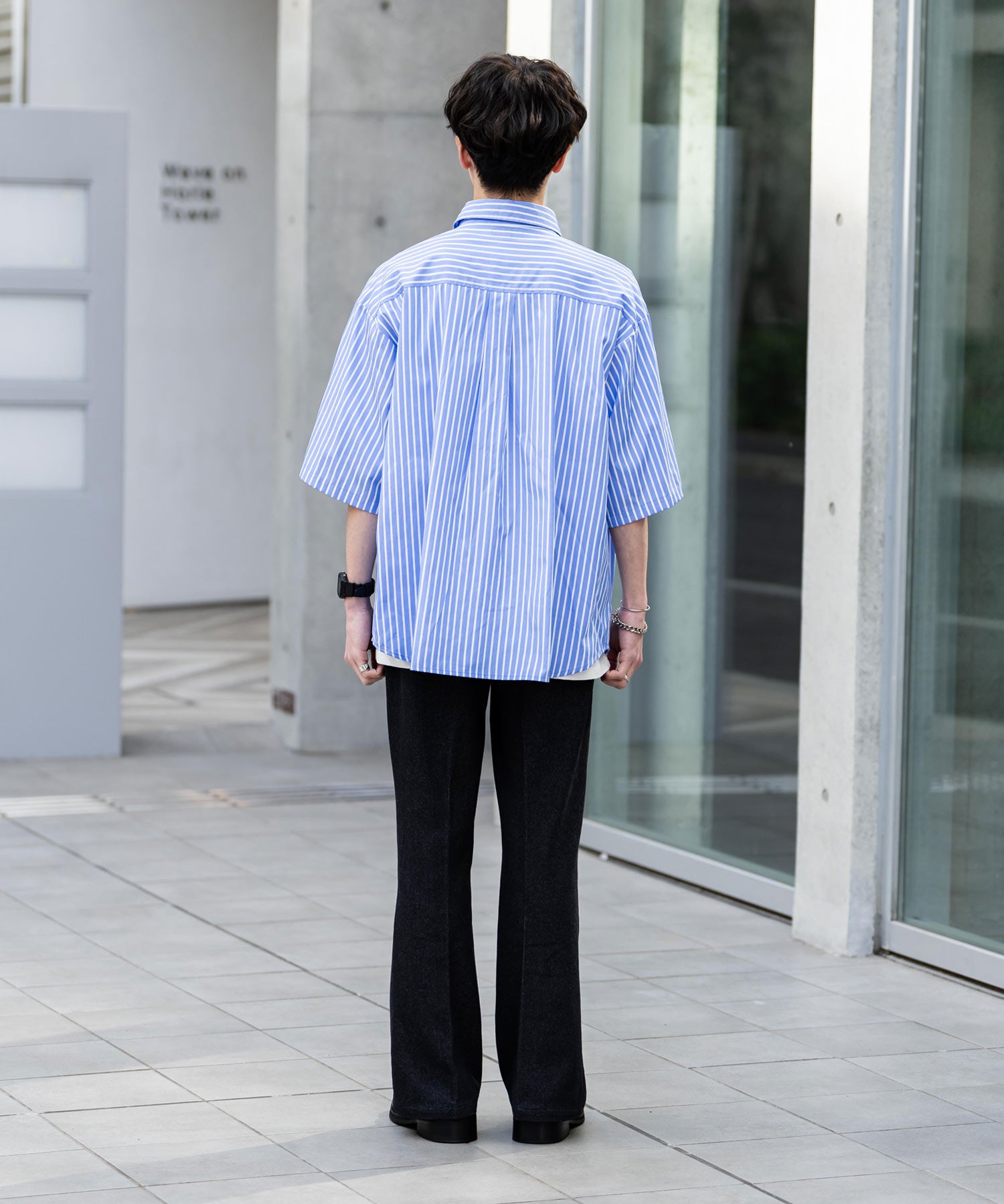 オーバーサイズ 無地/チェック柄/ストライプ柄レギュラーカラー半袖シャツ