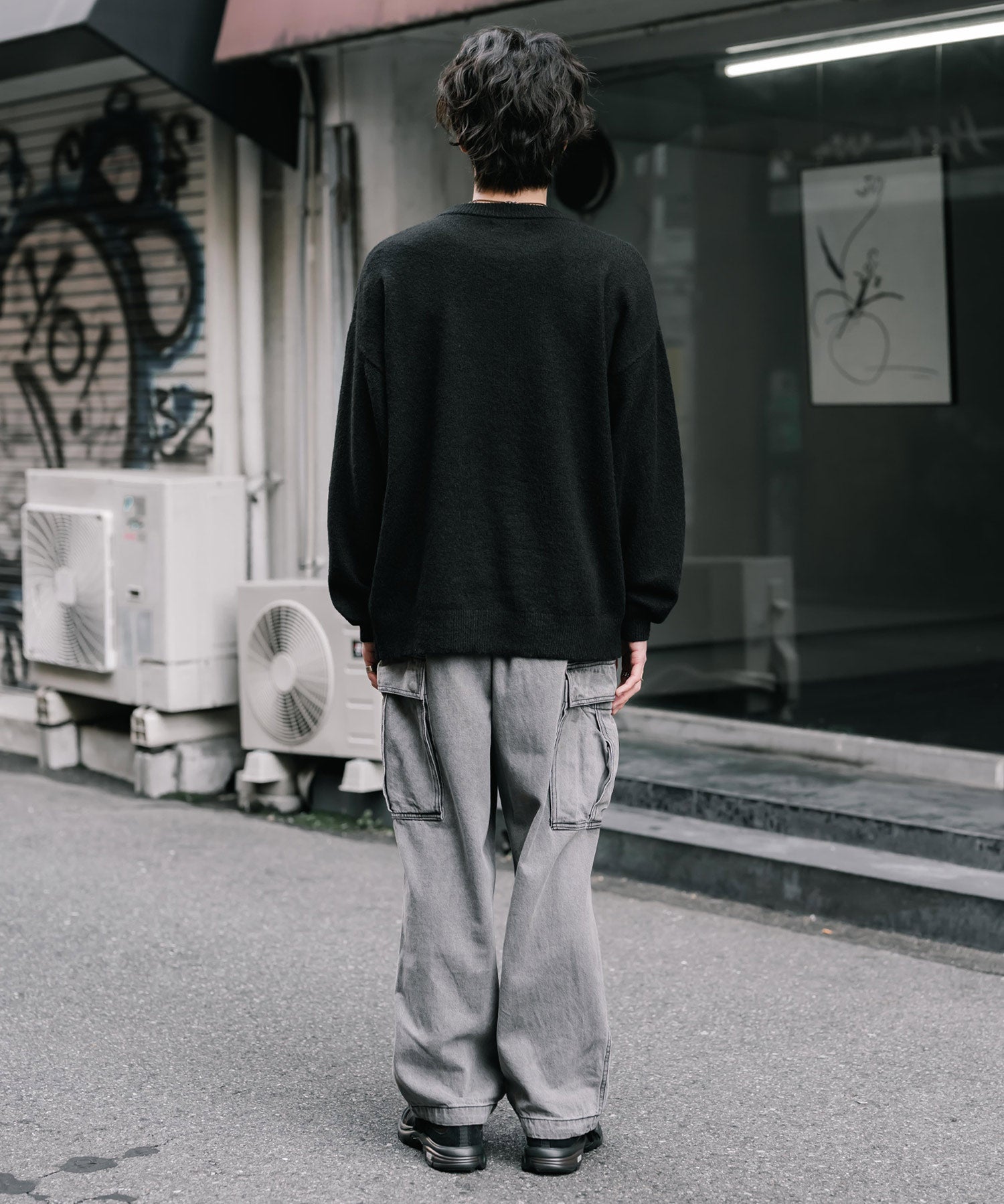 オーバーサイズウール混メランジプルオーバーニット/天竺編みクルーネック長袖セーター 14714