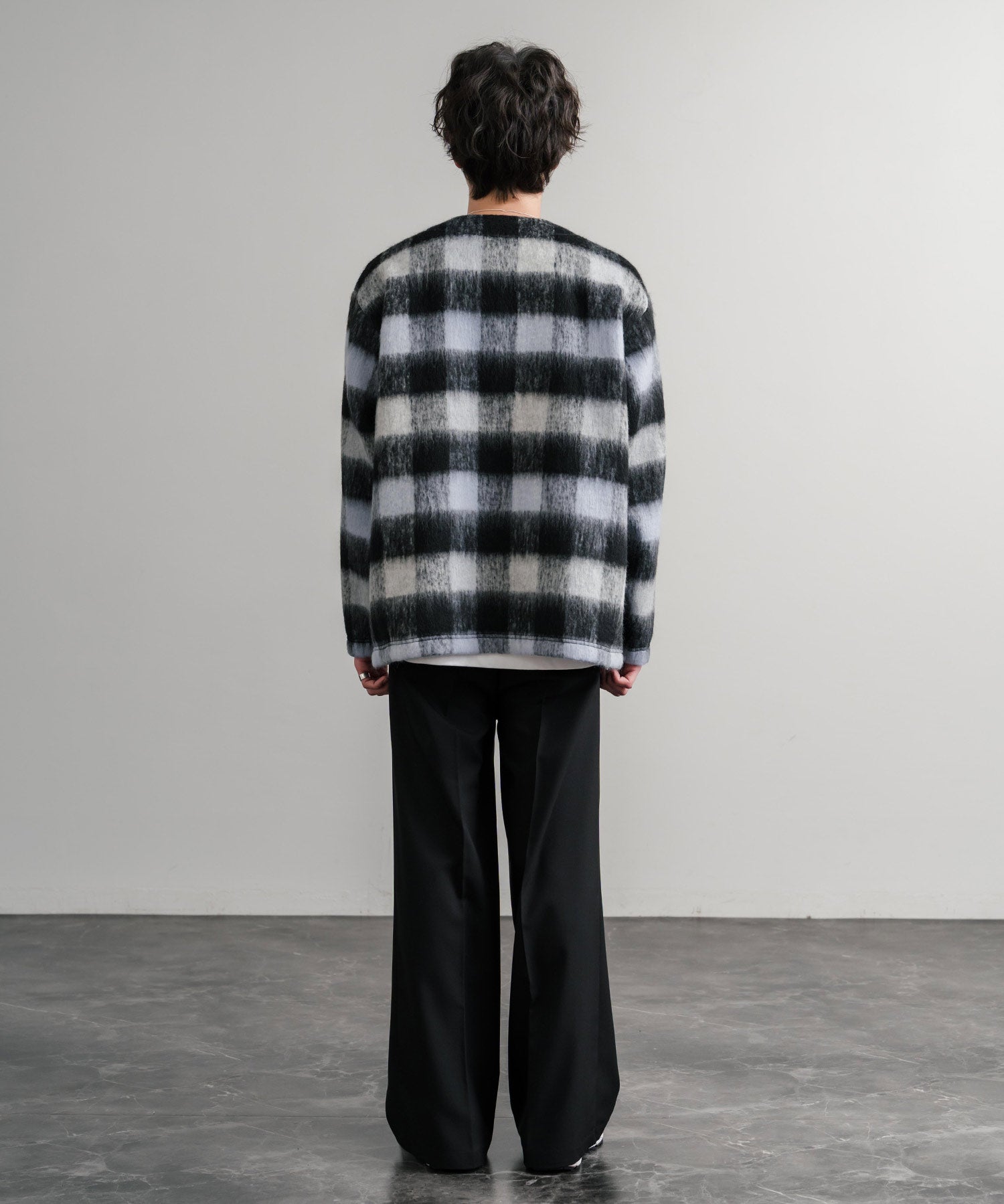 Upscape Audience アップスケープオーディエンス 日本製 国産 ECOLANA オーバーサイズシャギーチェックノーカラージャケット AUD7339 14897